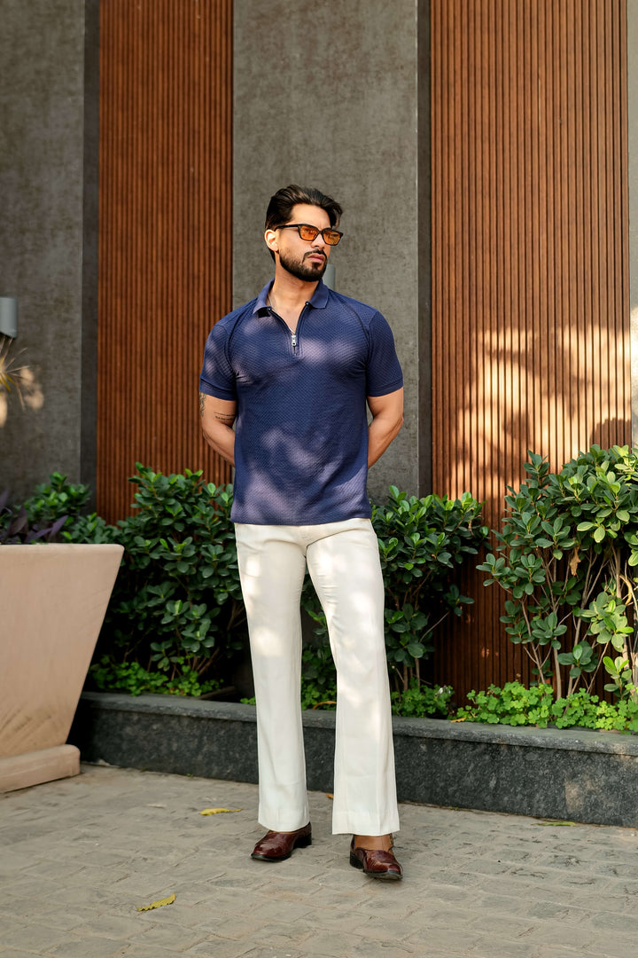 Navy Half Sleeve Zipper Polo Collar T-Shirt