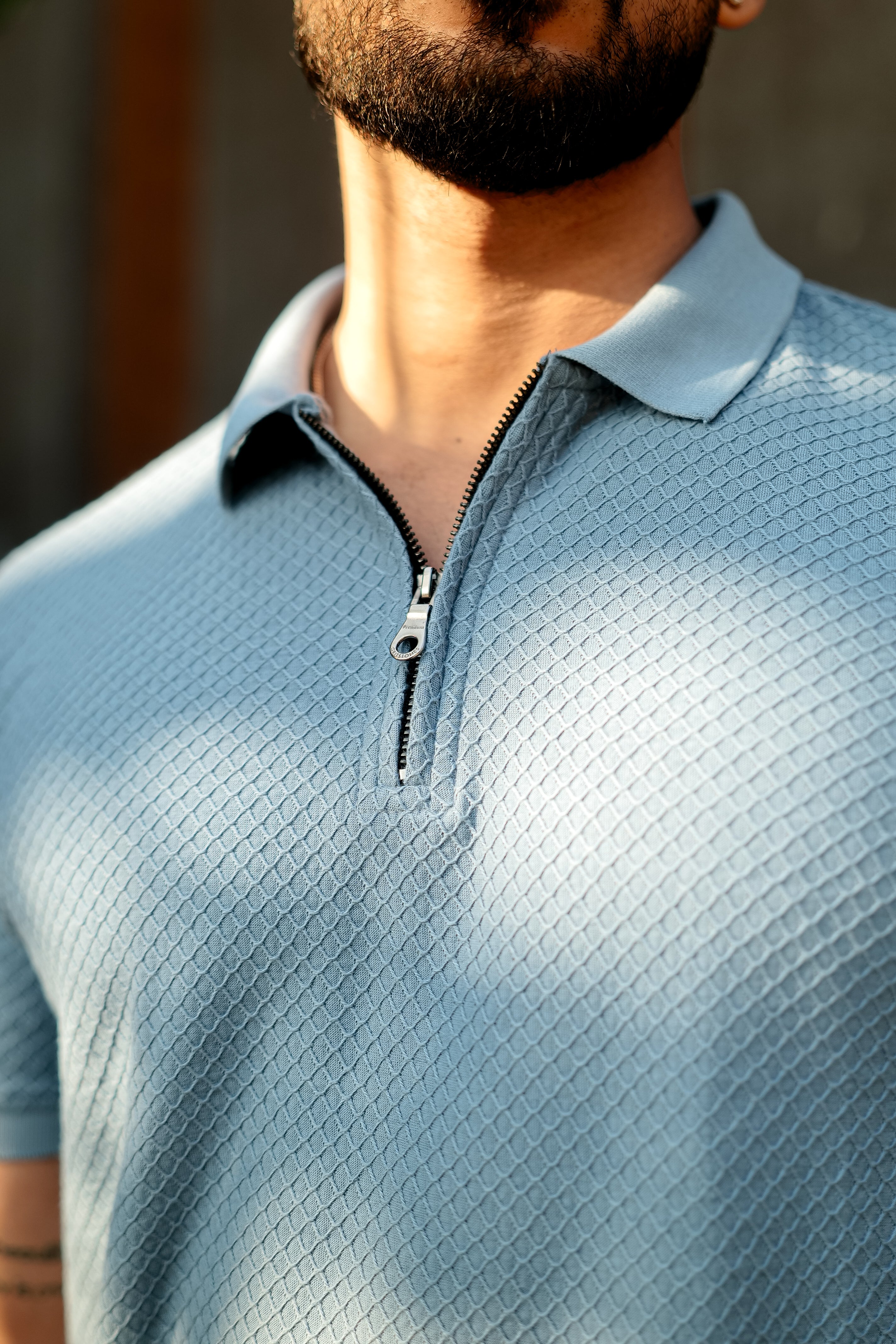 Blue Self Design Zipper Polo Collar T-Shirt