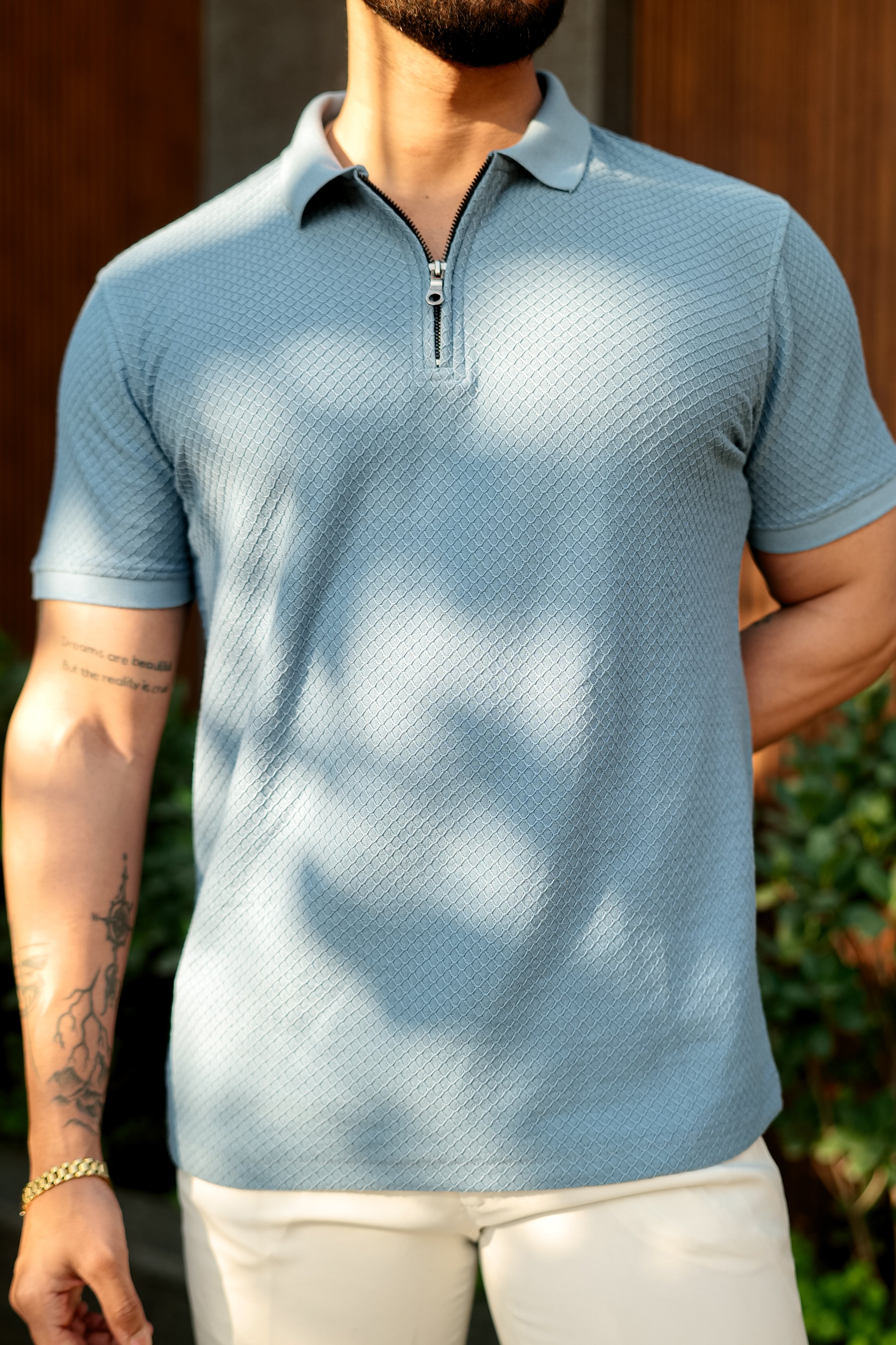 Blue Self Design Zipper Polo Collar T-Shirt