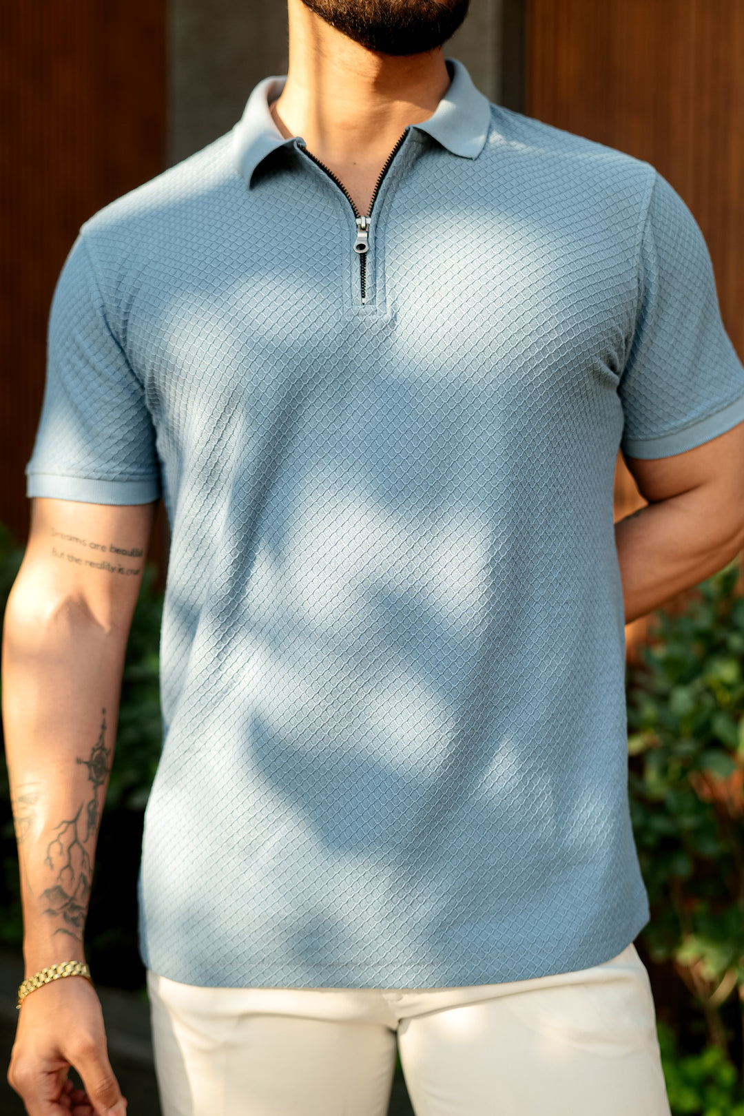 Blue Self Design Zipper Polo Collar T-Shirt