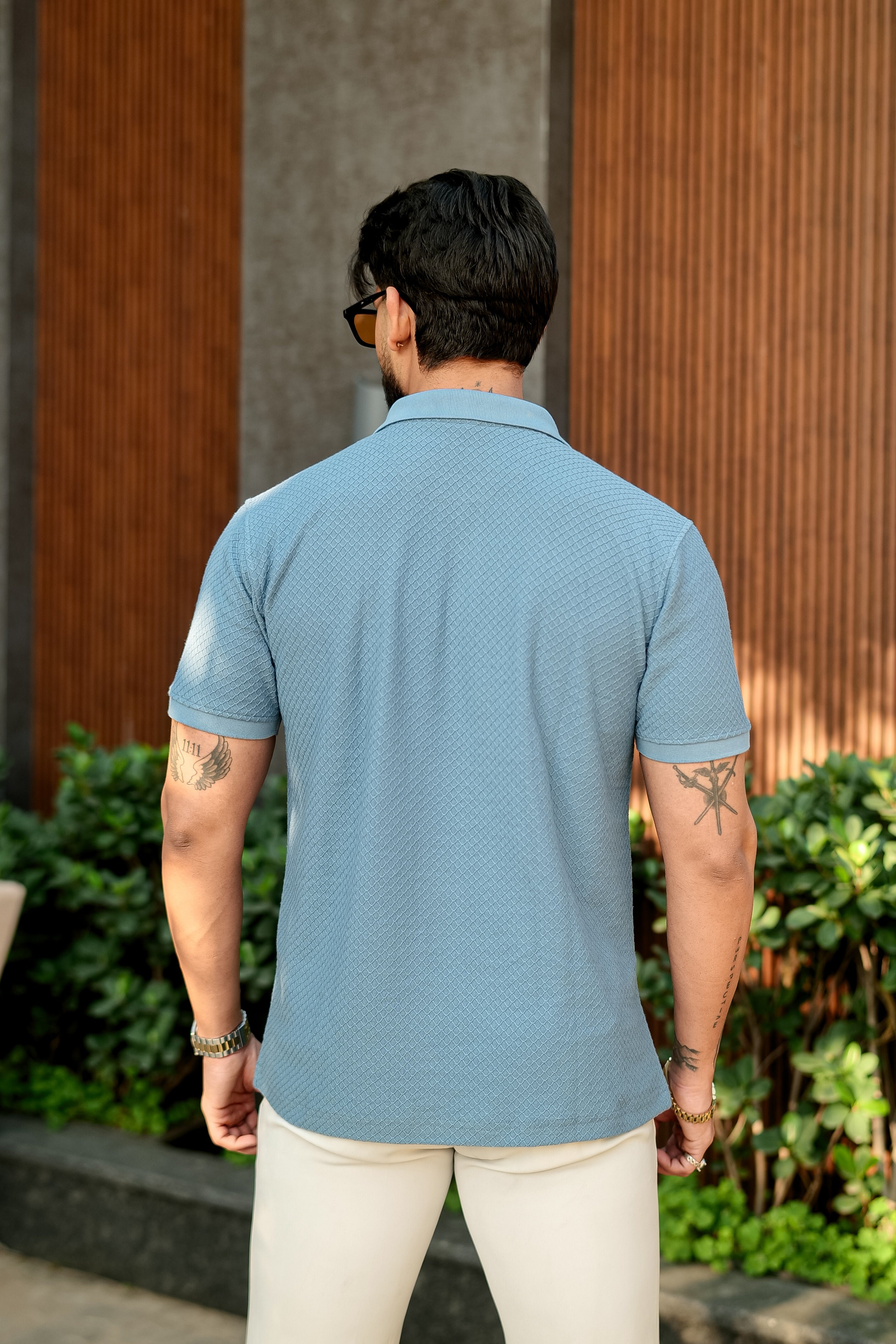 Blue Self Design Zipper Polo Collar T-Shirt