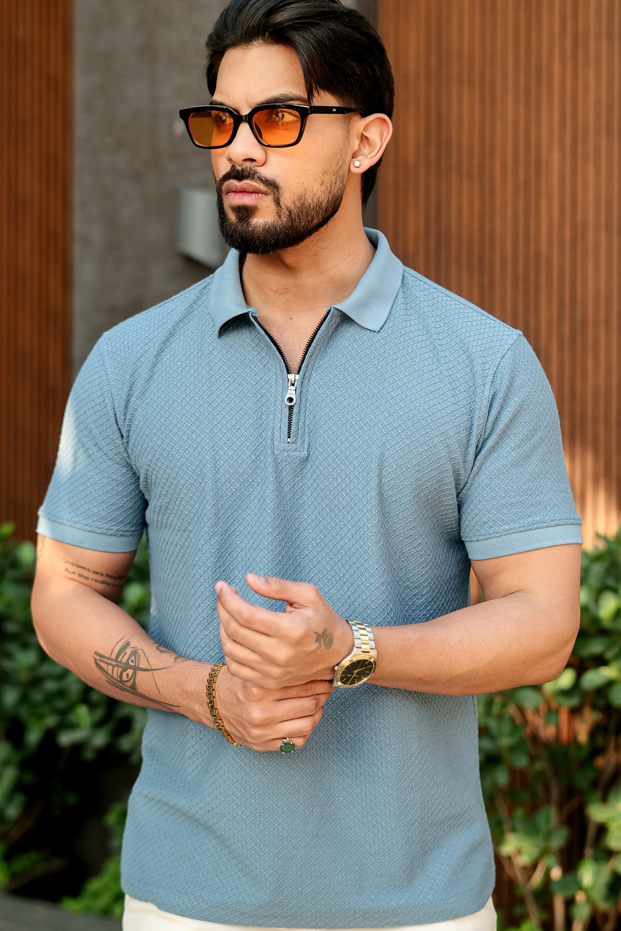 Blue Self Design Zipper Polo Collar T-Shirt