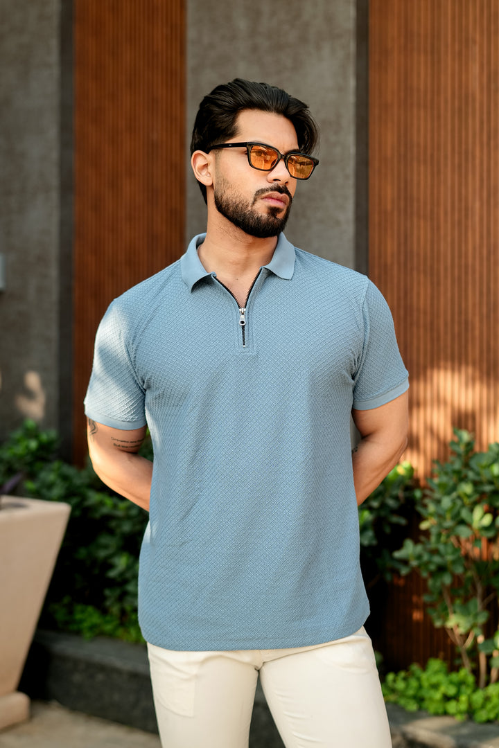 Blue Self Design Zipper Polo Collar T-Shirt