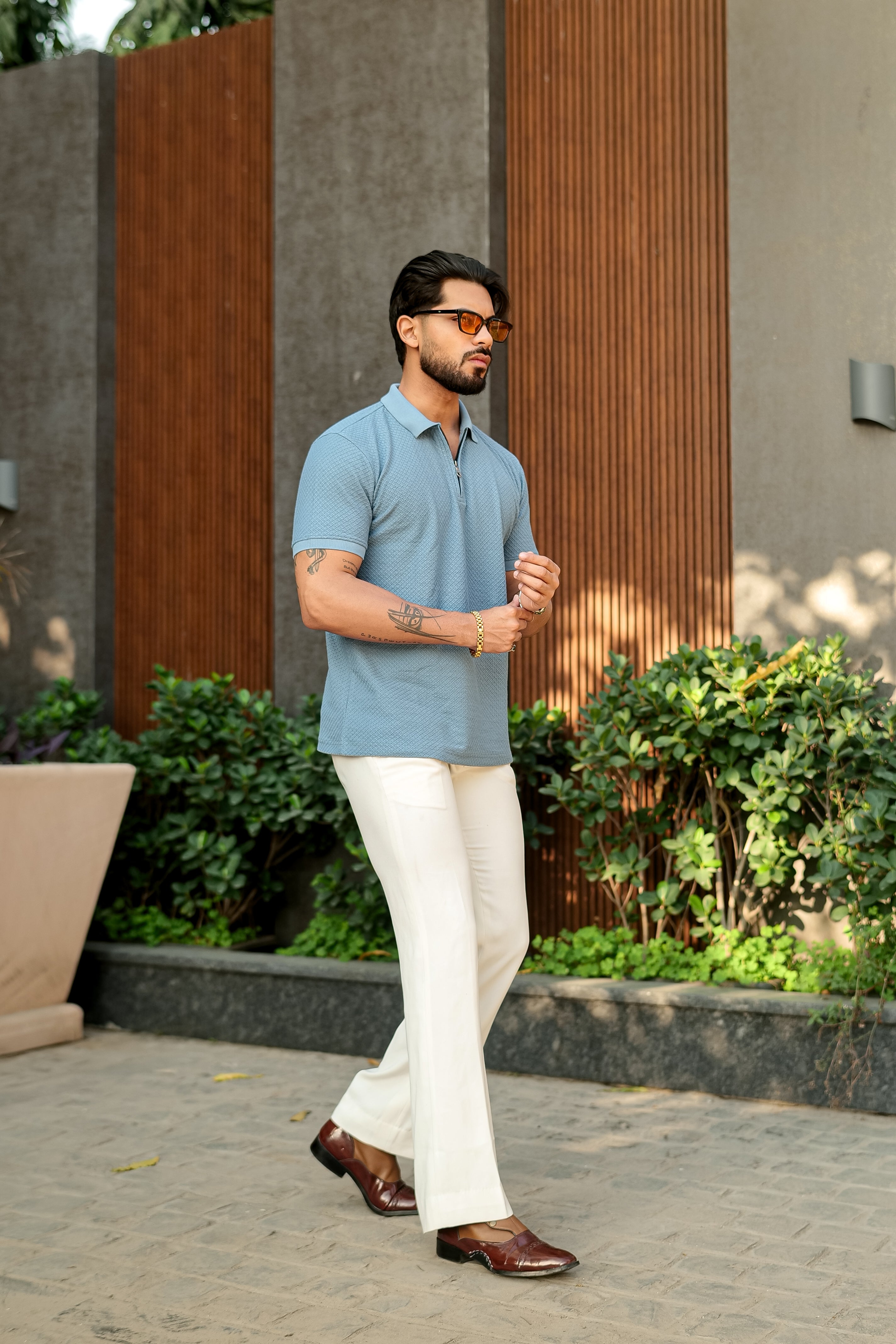 Blue Self Design Zipper Polo Collar T-Shirt