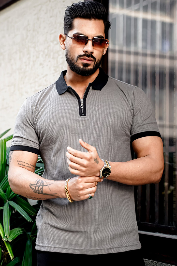 Grey Waffle Polo Zipper T-Shirt