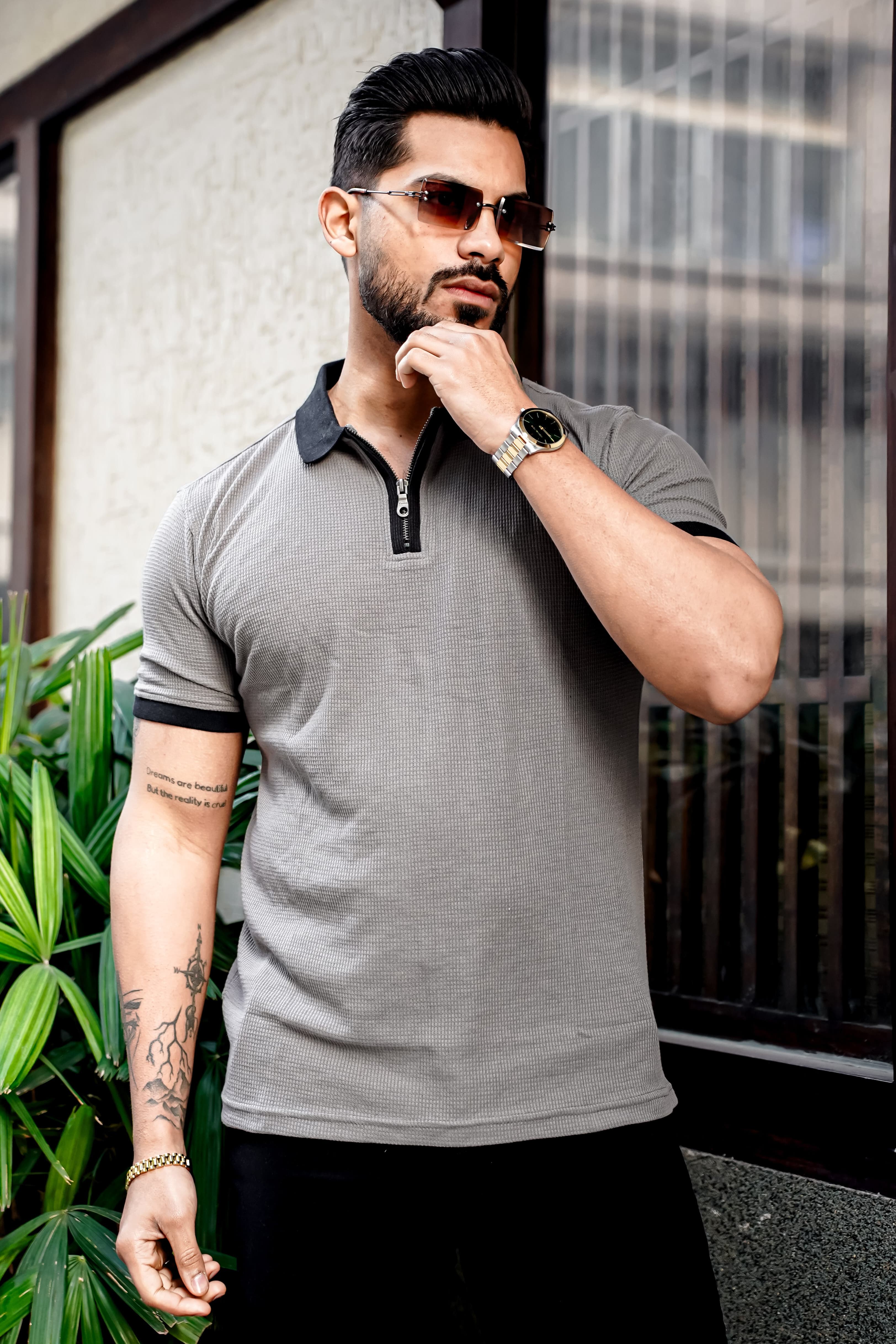 Grey Waffle Polo Zipper T-Shirt