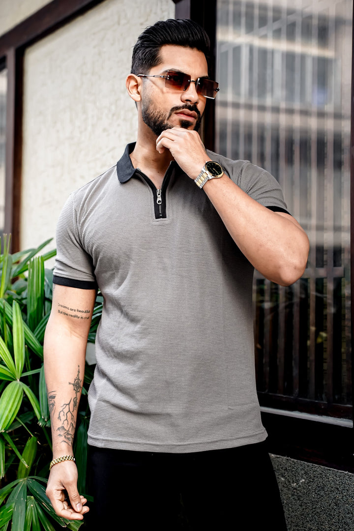Grey Waffle Polo Zipper T-Shirt