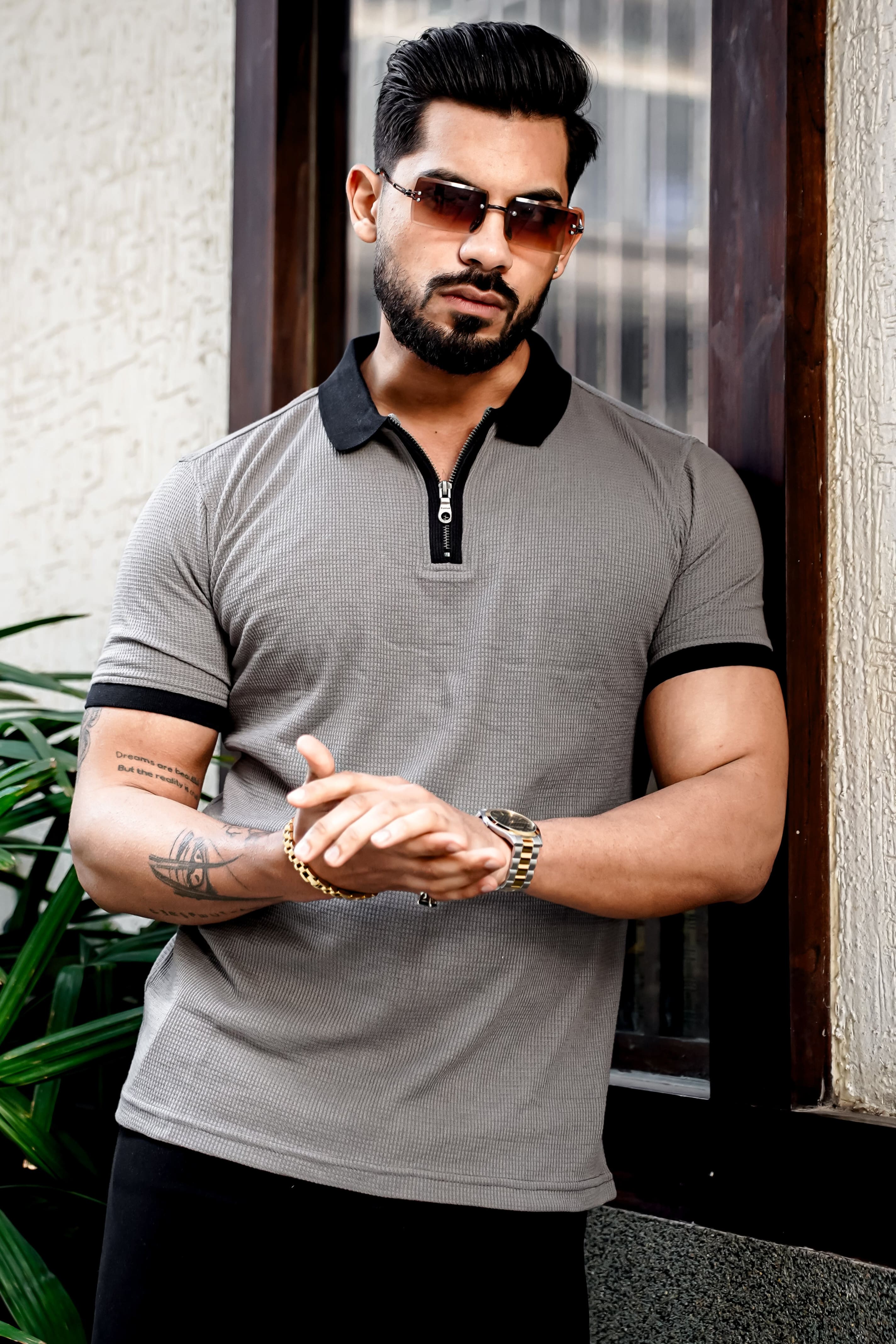 Grey Waffle Polo Zipper T-Shirt