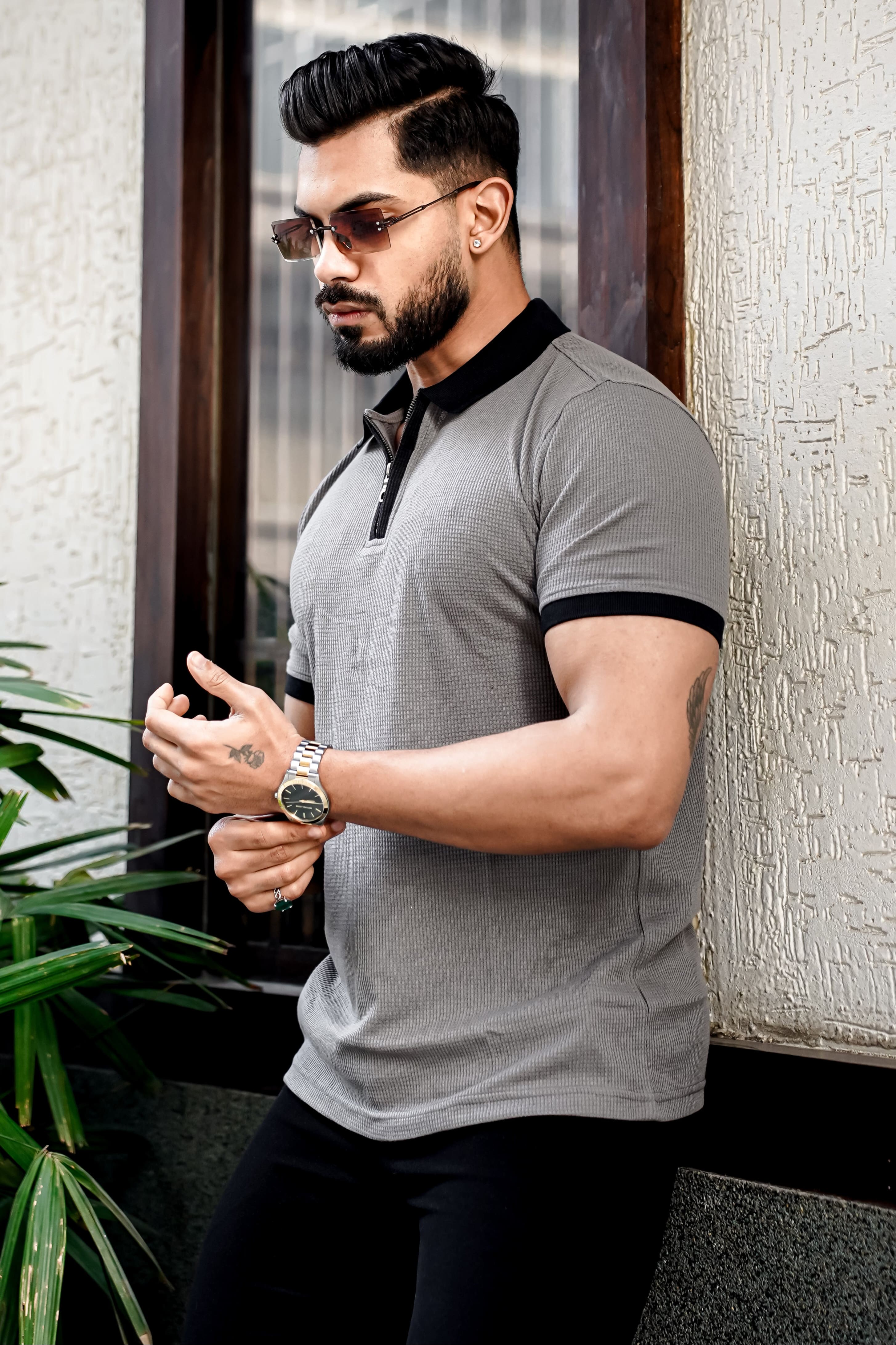 Grey Waffle Polo Zipper T-Shirt