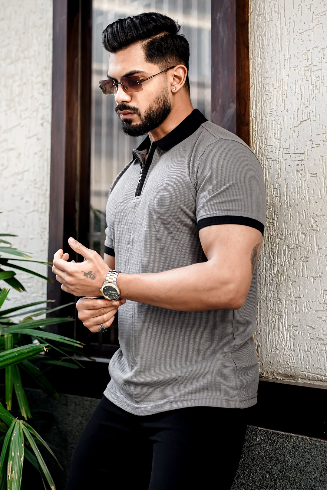 Grey Waffle Polo Zipper T-Shirt
