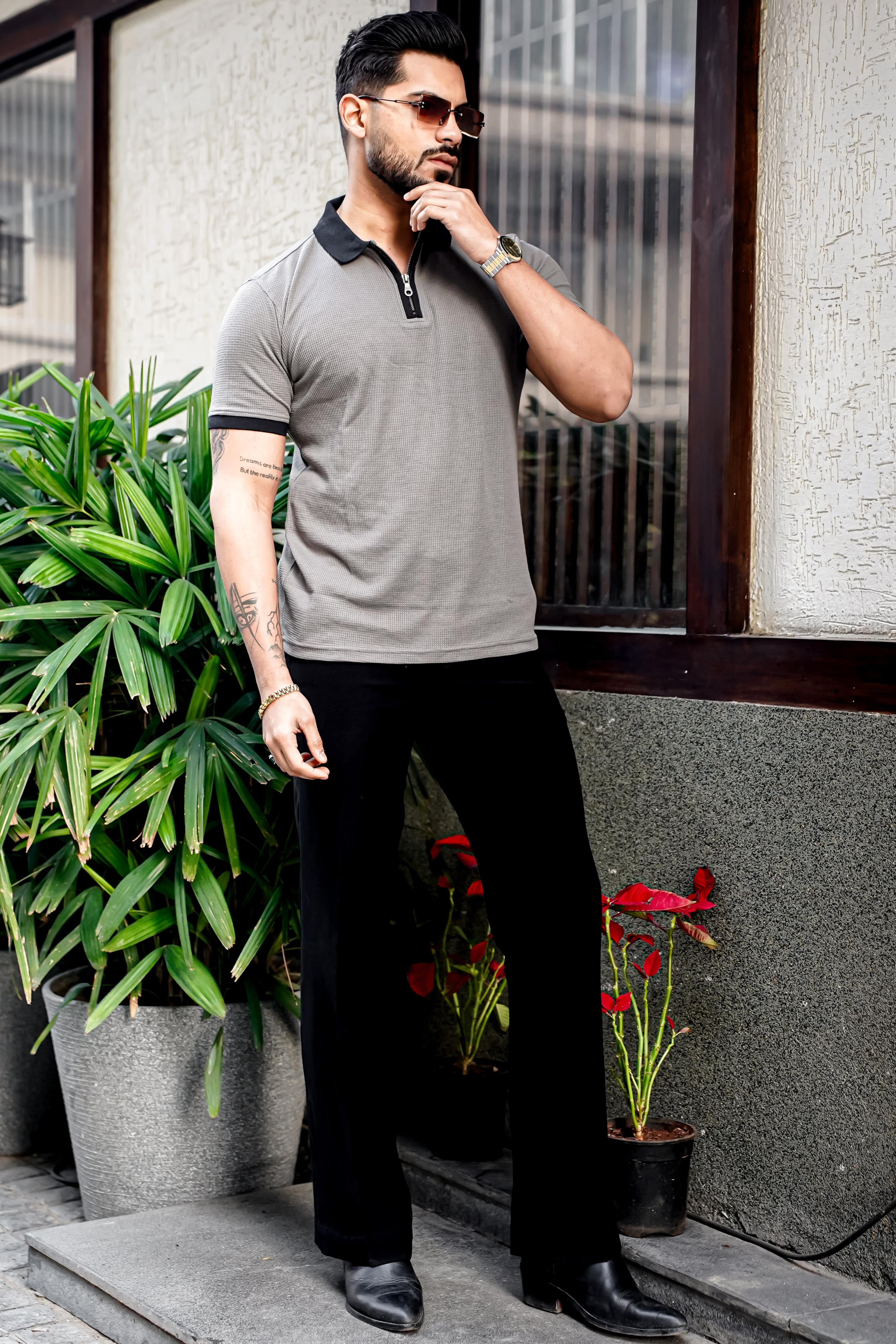 Grey Waffle Polo Zipper T-Shirt