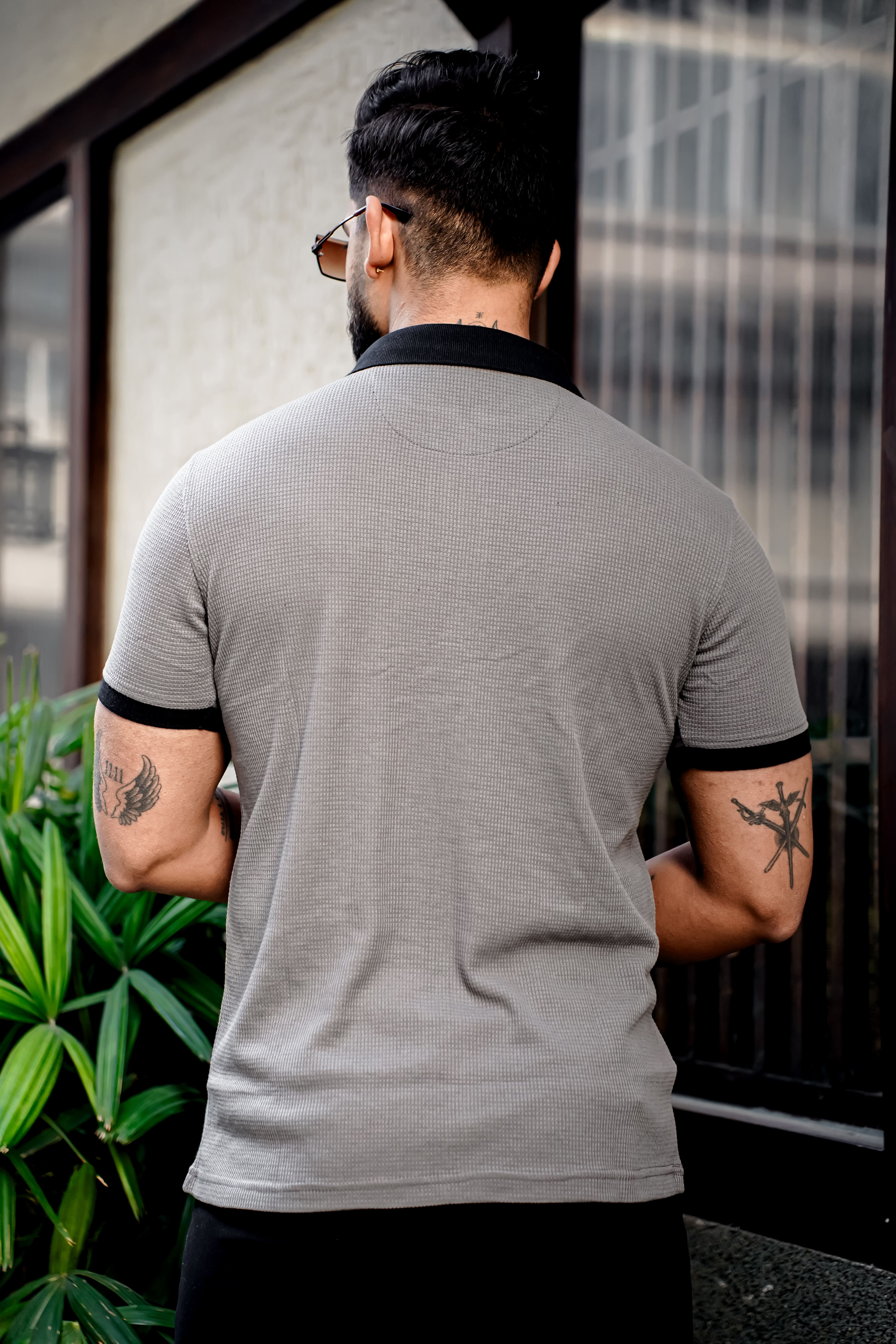 Grey Waffle Polo Zipper T-Shirt
