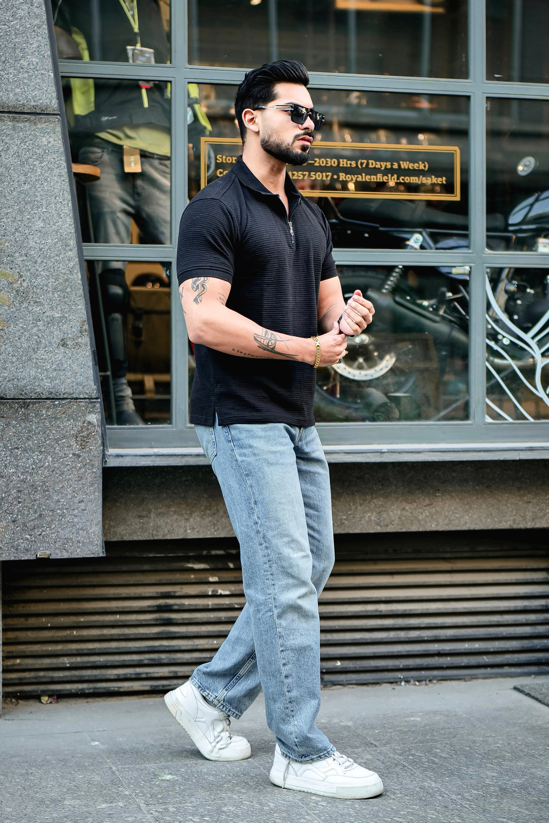 Black Self Design Polo Neck Zipper T-Shirt