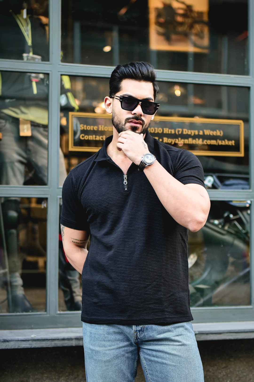 Black Self Design Polo Neck Zipper T-Shirt