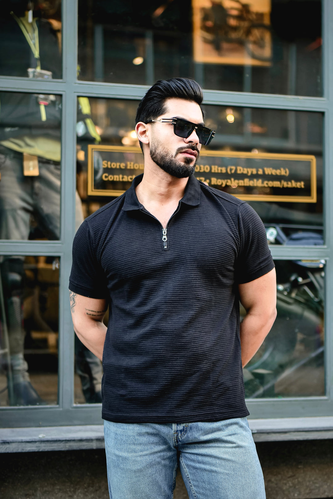 Black Self Design Polo Neck Zipper T-Shirt