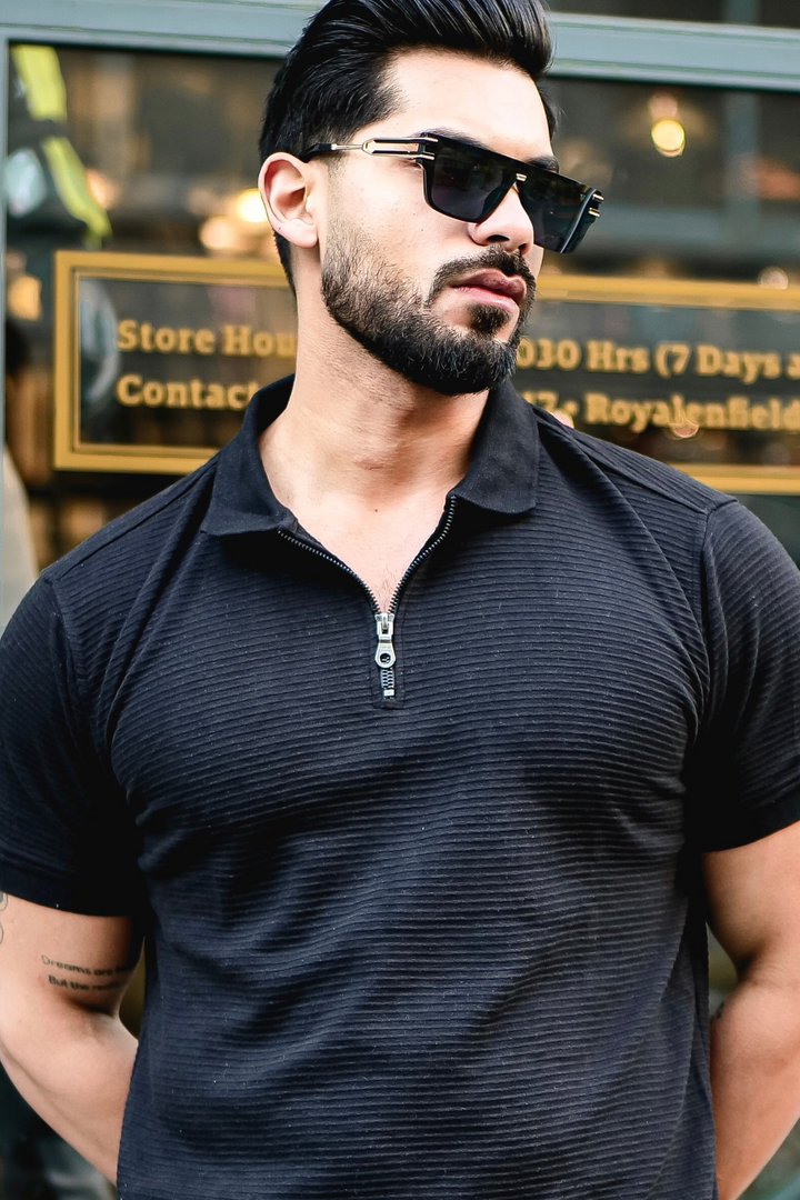 Black Self Design Polo Neck Zipper T-Shirt