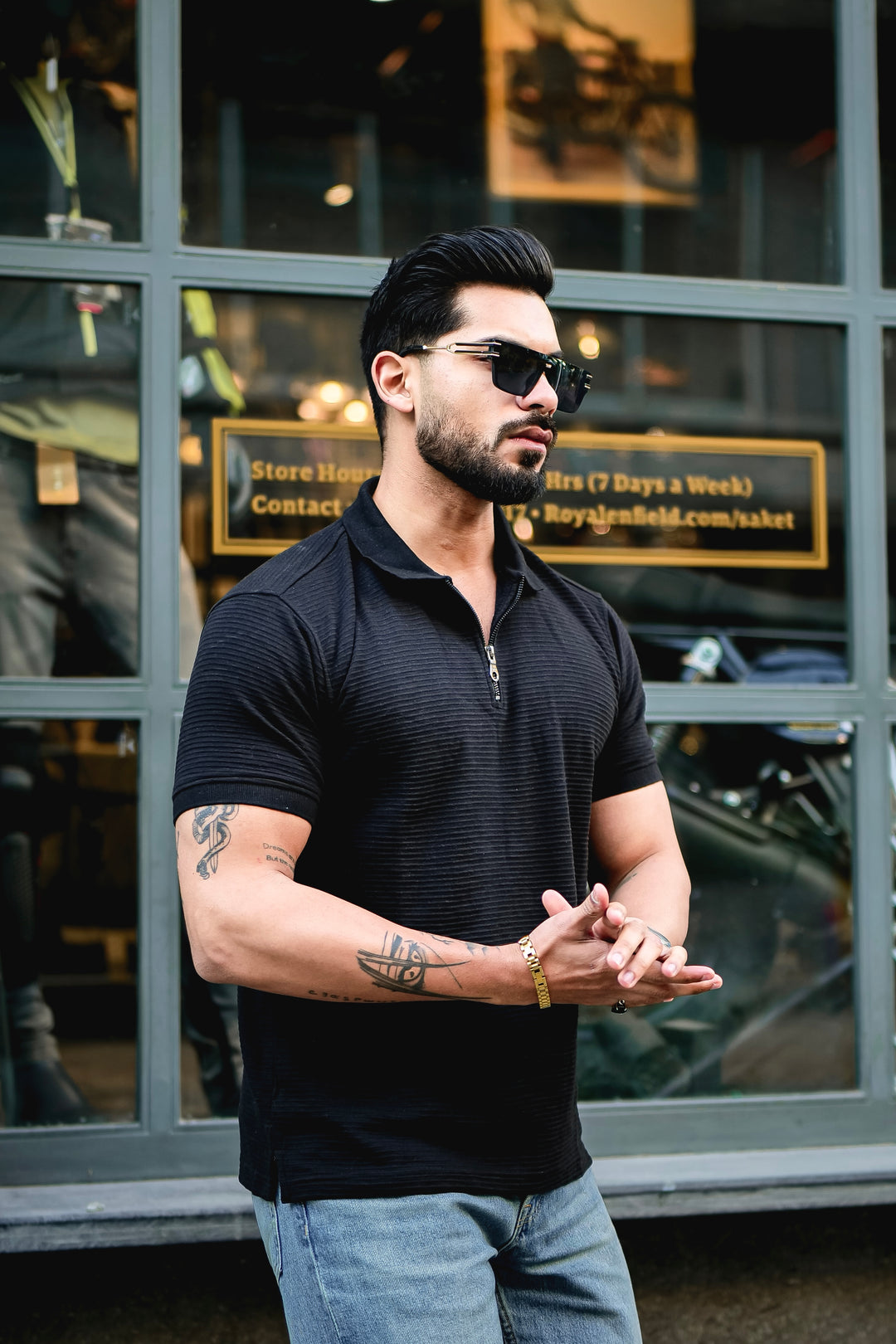 Black Self Design Polo Neck Zipper T-Shirt