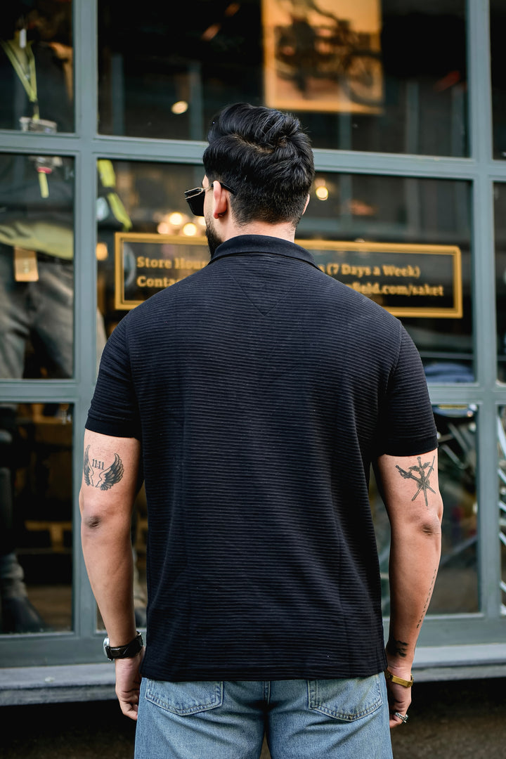 Black Self Design Polo Neck Zipper T-Shirt