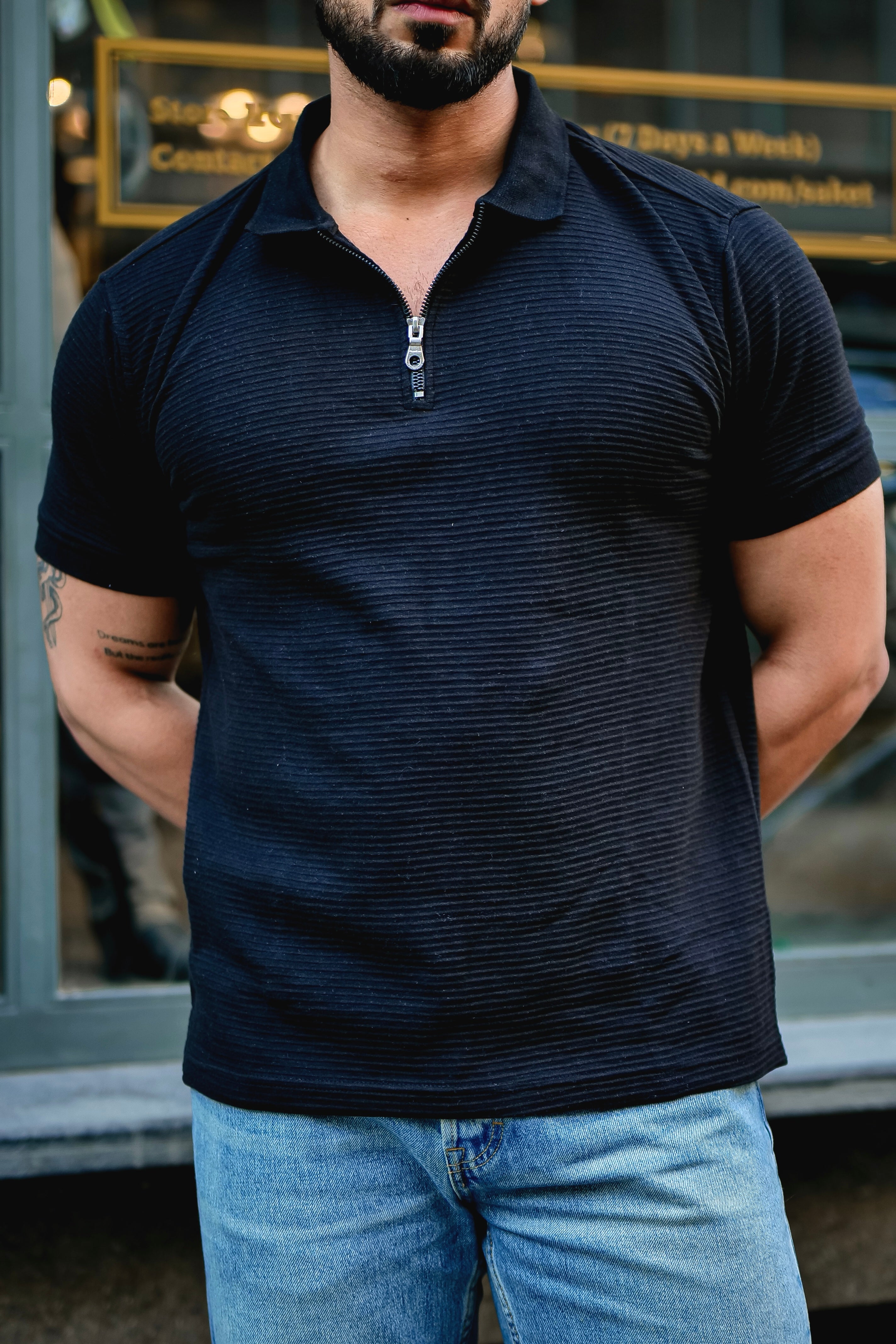 Black Ottoman Polo Neck Zipper T-Shirt