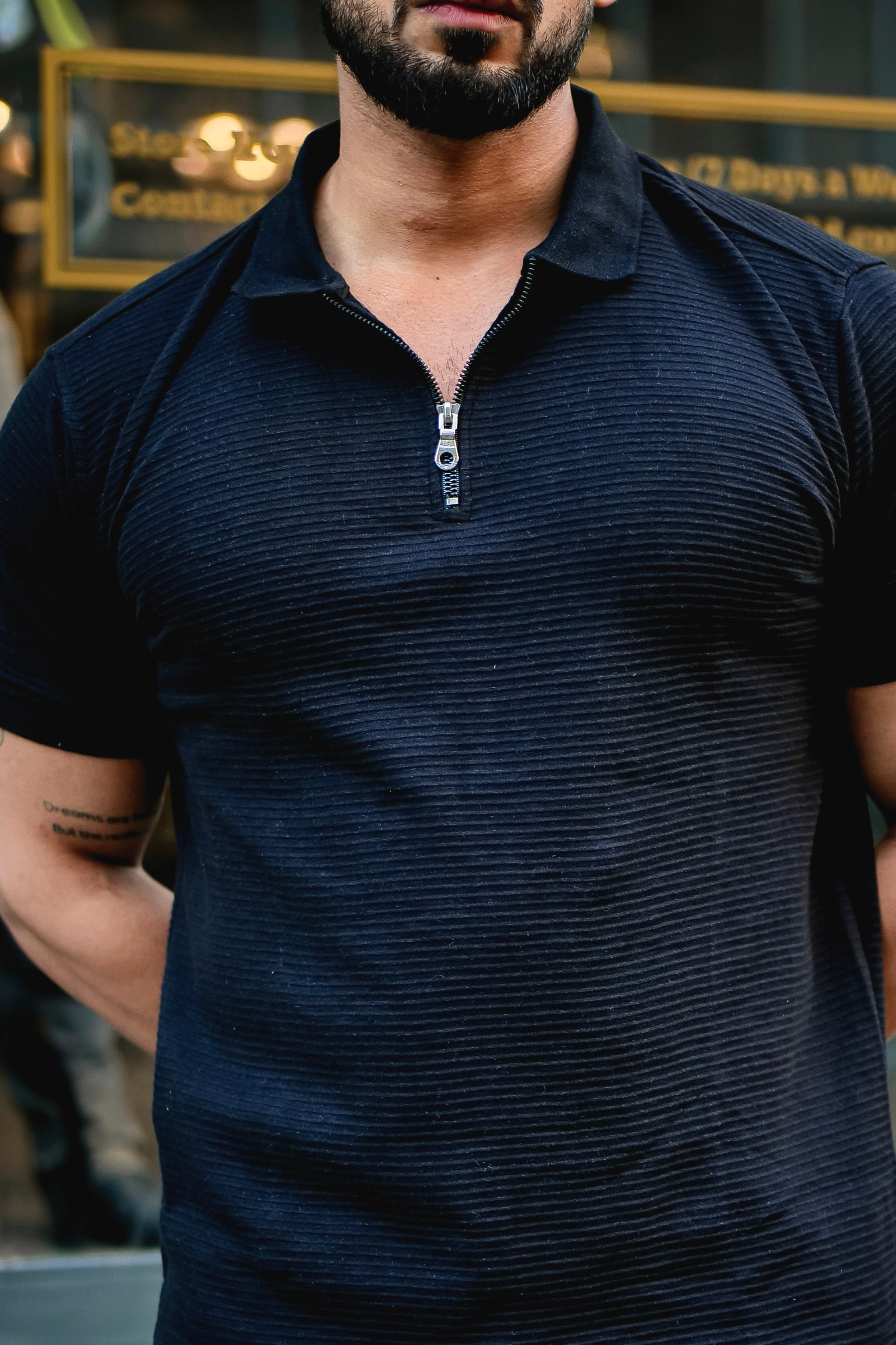 Black Ottoman Polo Neck Zipper T-Shirt