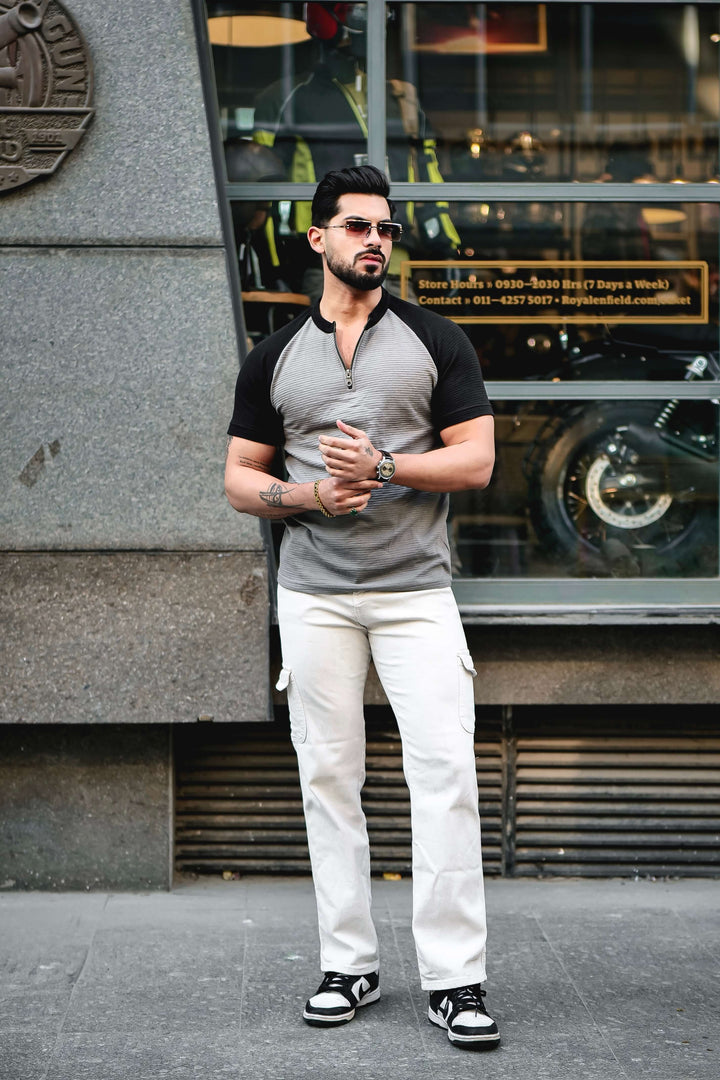 Grey Black Self Design ColorBlock Zipper T-Shirt