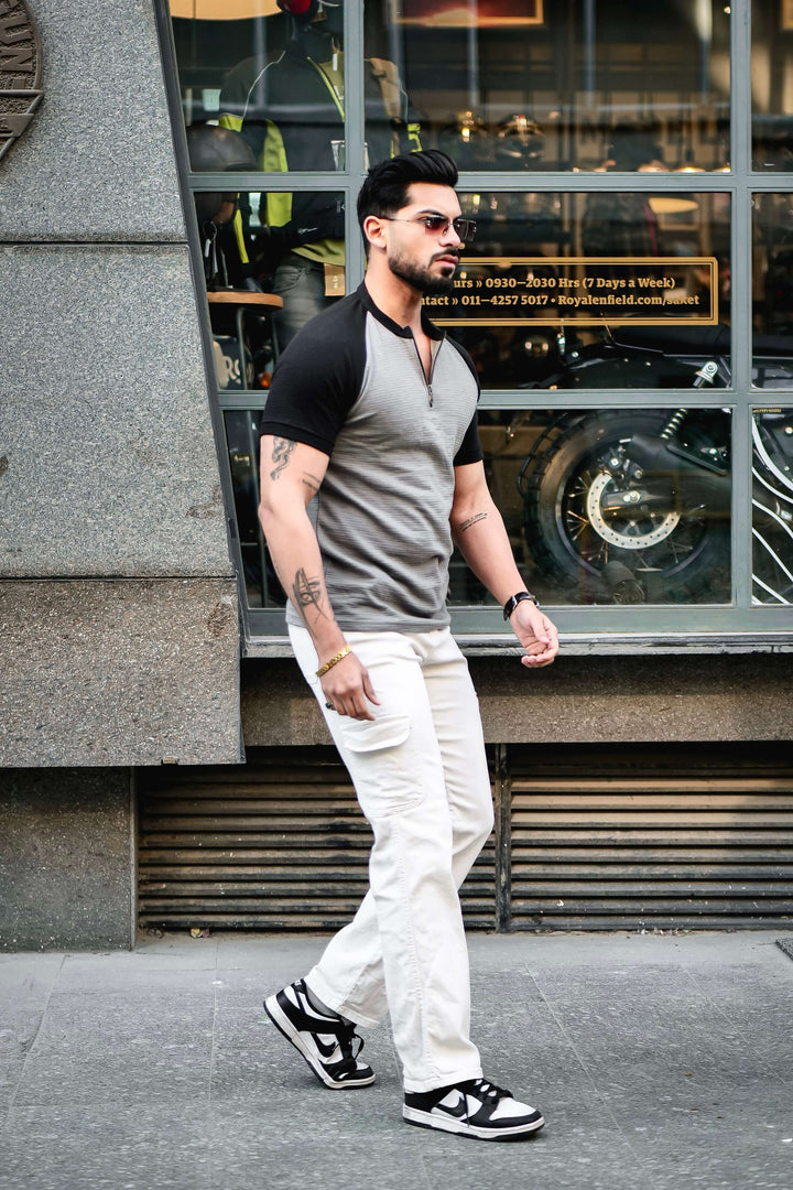 Grey Black Self Design ColorBlock Zipper T-Shirt