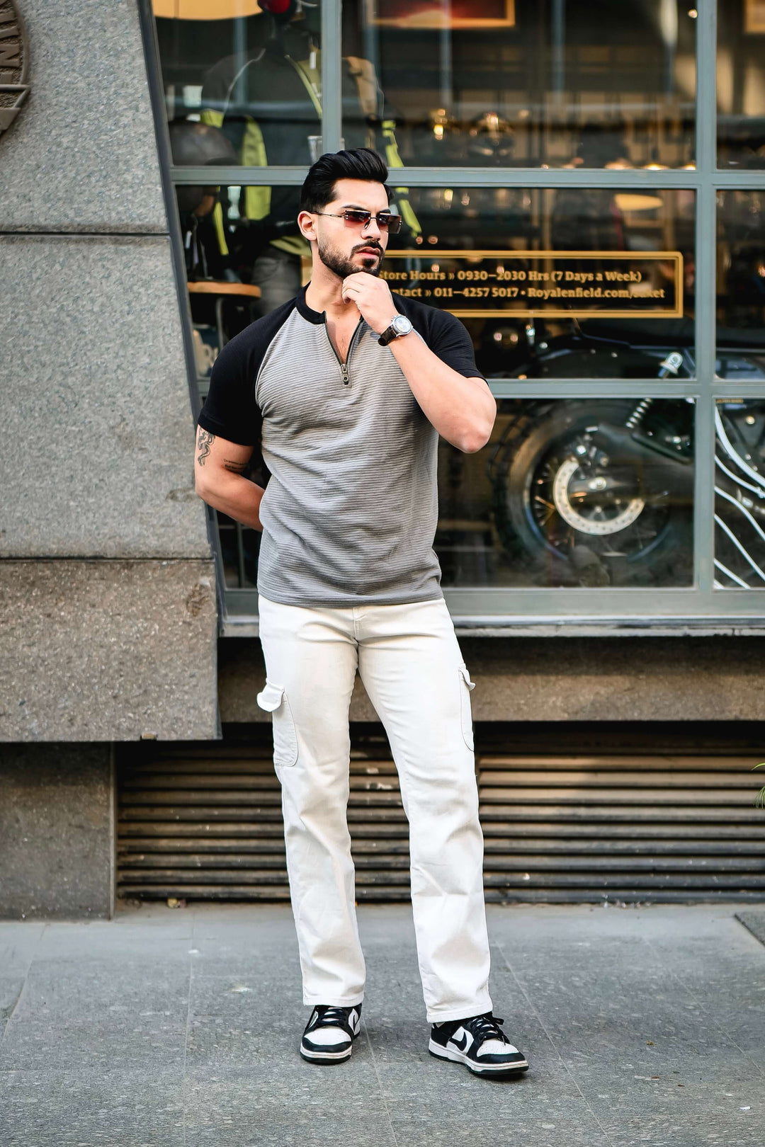 Grey Black Self Design ColorBlock Zipper T-Shirt