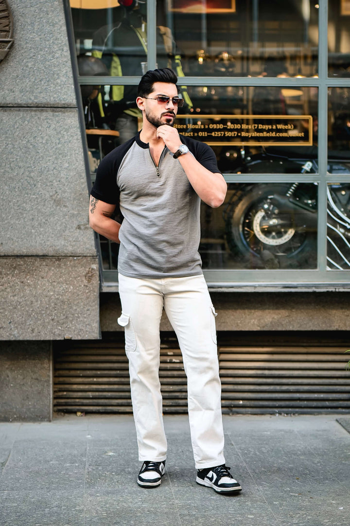 Grey Black Self Design ColorBlock Zipper T-Shirt