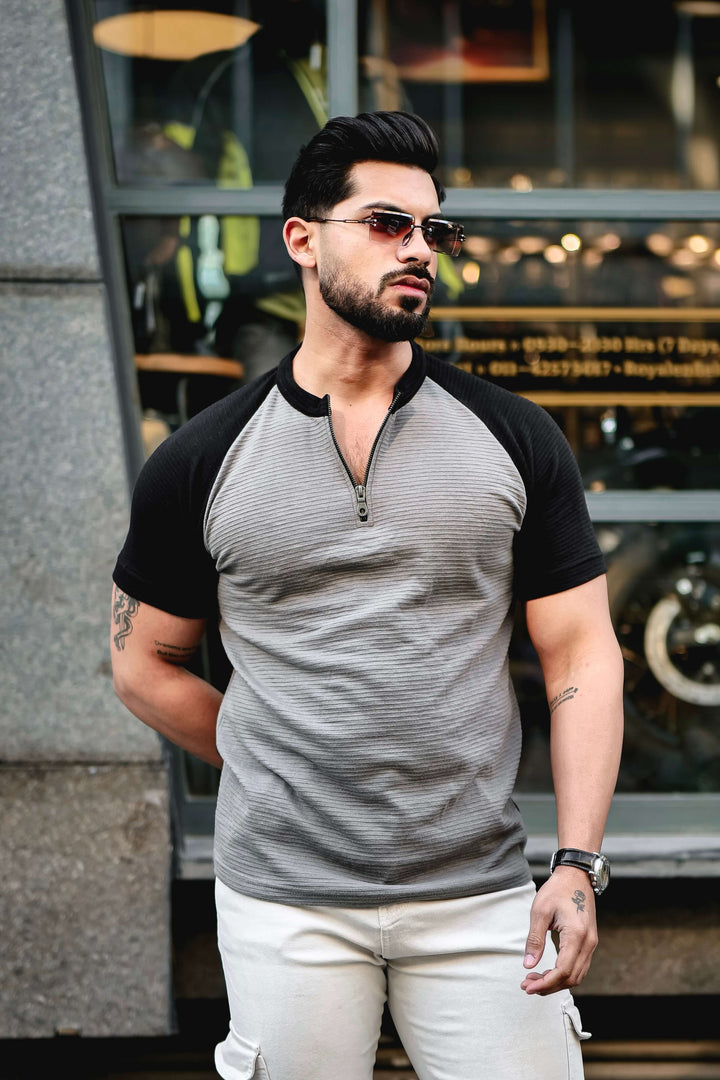 Grey Black Self Design ColorBlock Zipper T-Shirt