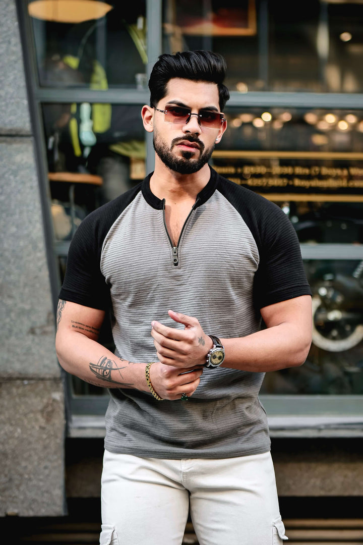 Grey Black Self Design ColorBlock Zipper T-Shirt