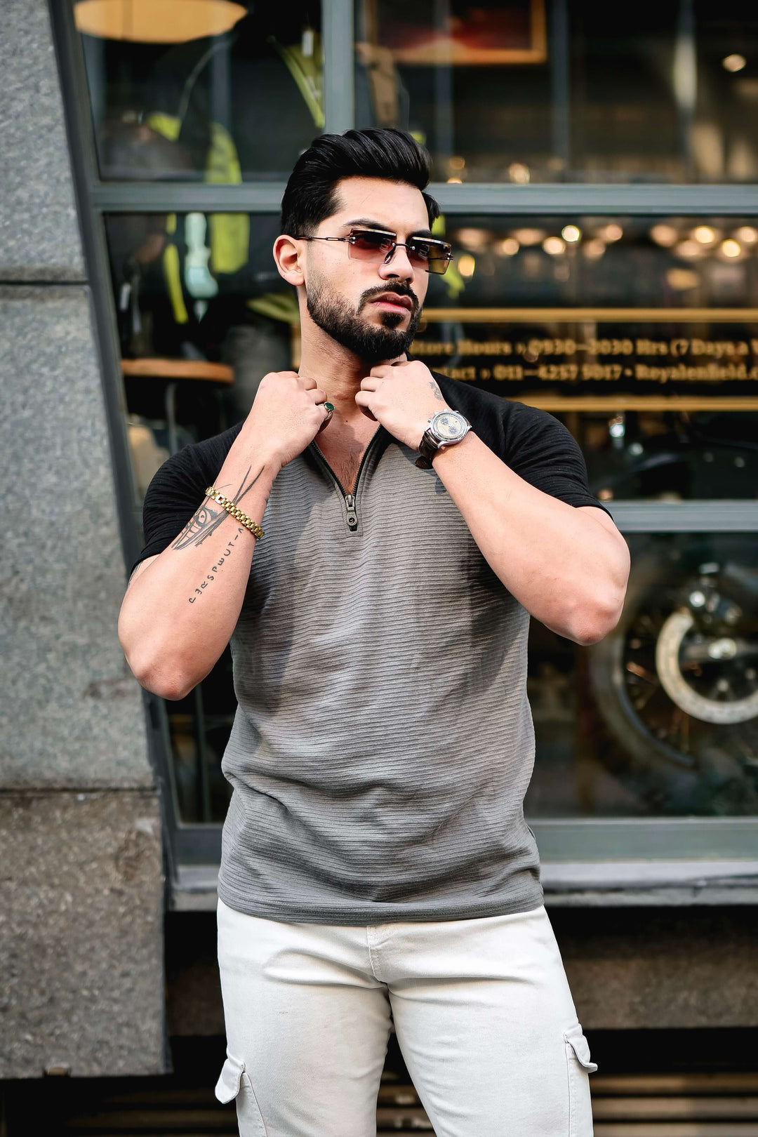 Grey Black Self Design ColorBlock Zipper T-Shirt