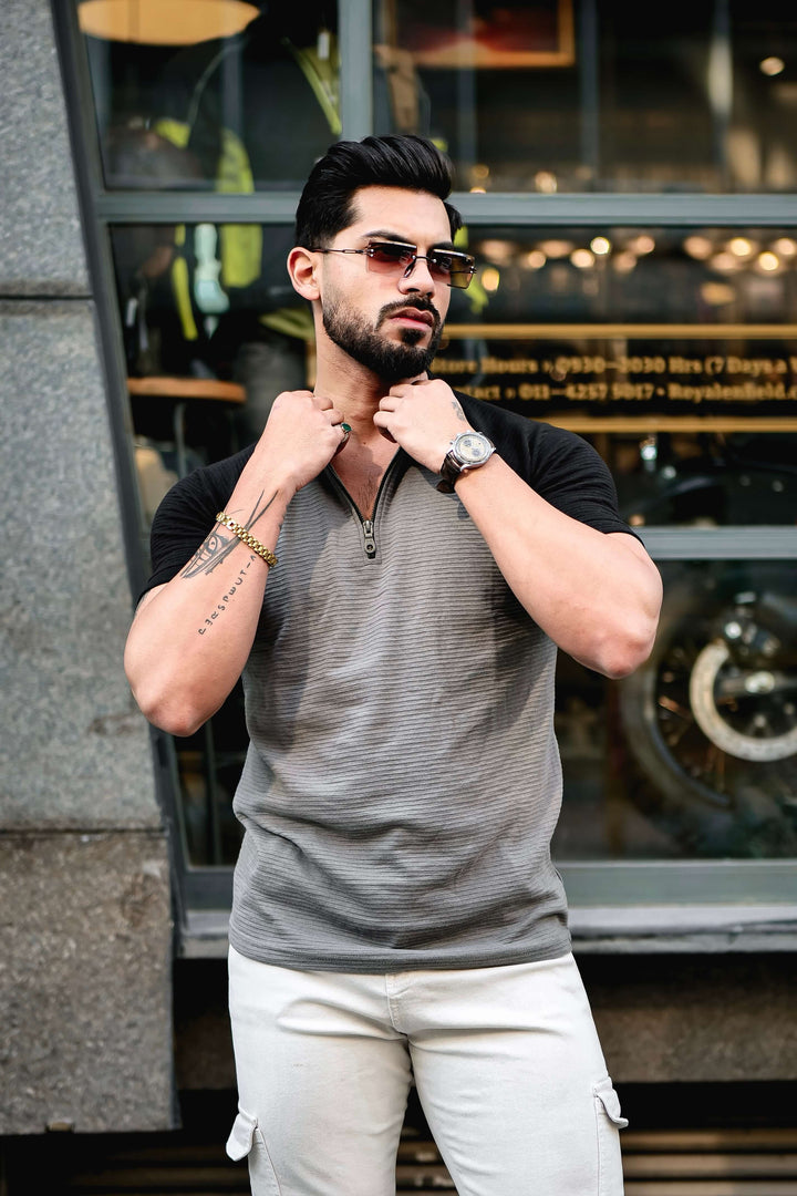 Grey Black Self Design ColorBlock Zipper T-Shirt