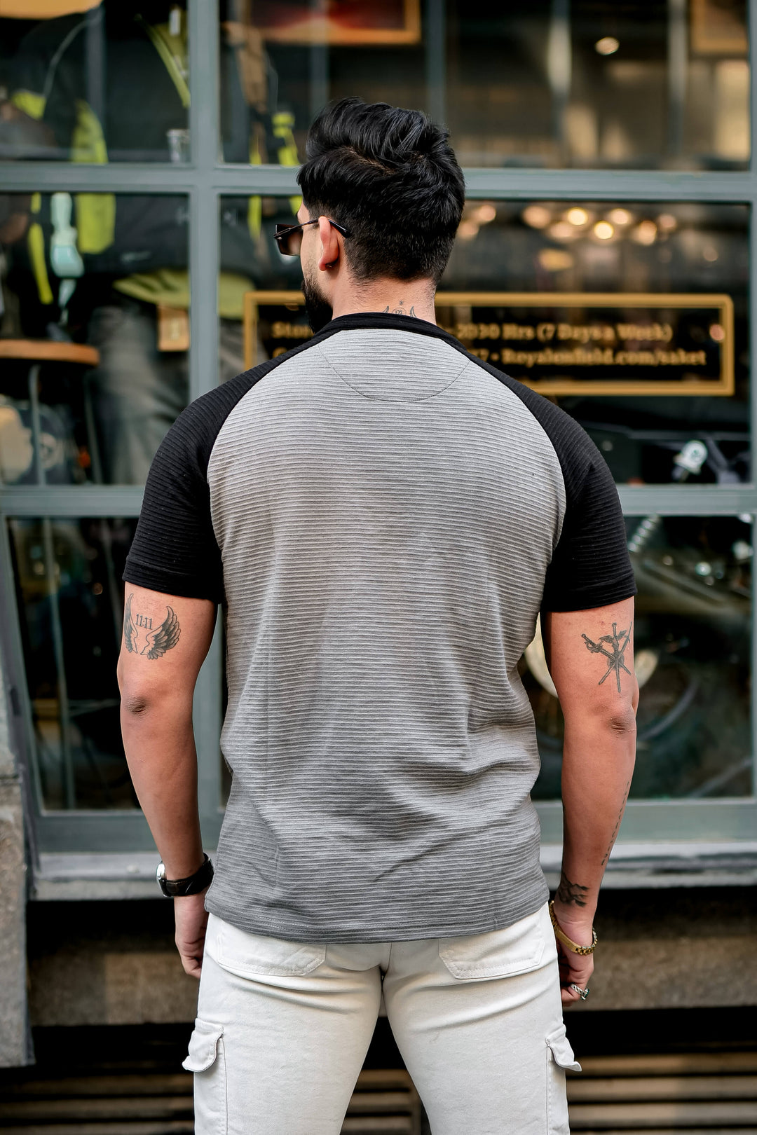 Grey Black Self Design ColorBlock Zipper T-Shirt