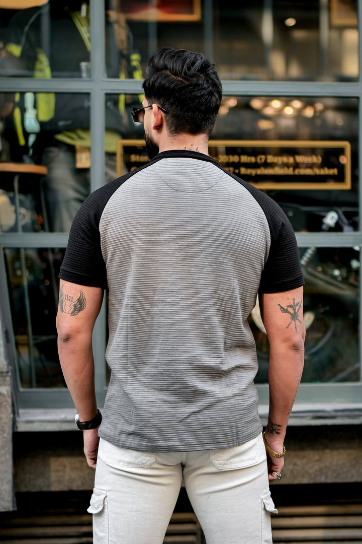 Grey Black Self Design ColorBlock Zipper T-Shirt