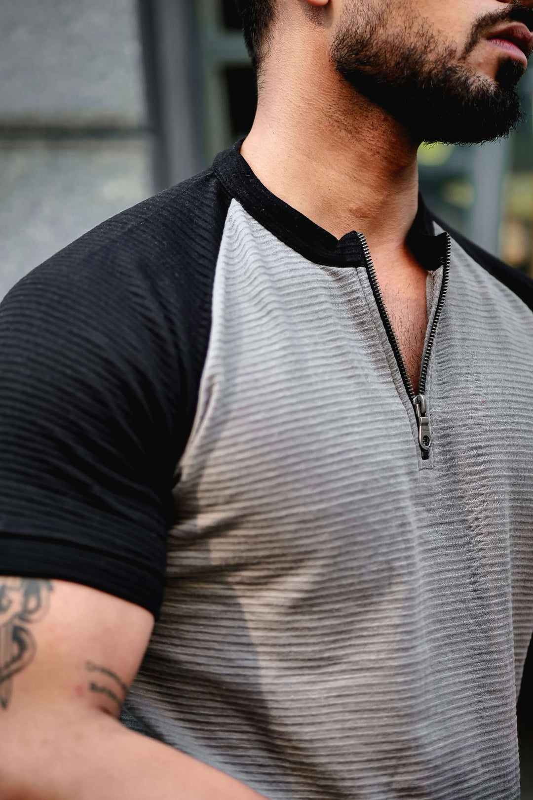 Grey Black Self Design ColorBlock Zipper T-Shirt