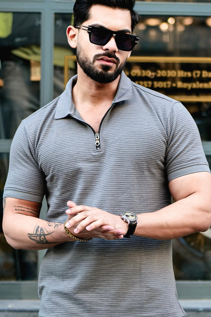 Grey Self Design Polo Neck T-Shirt With Collar