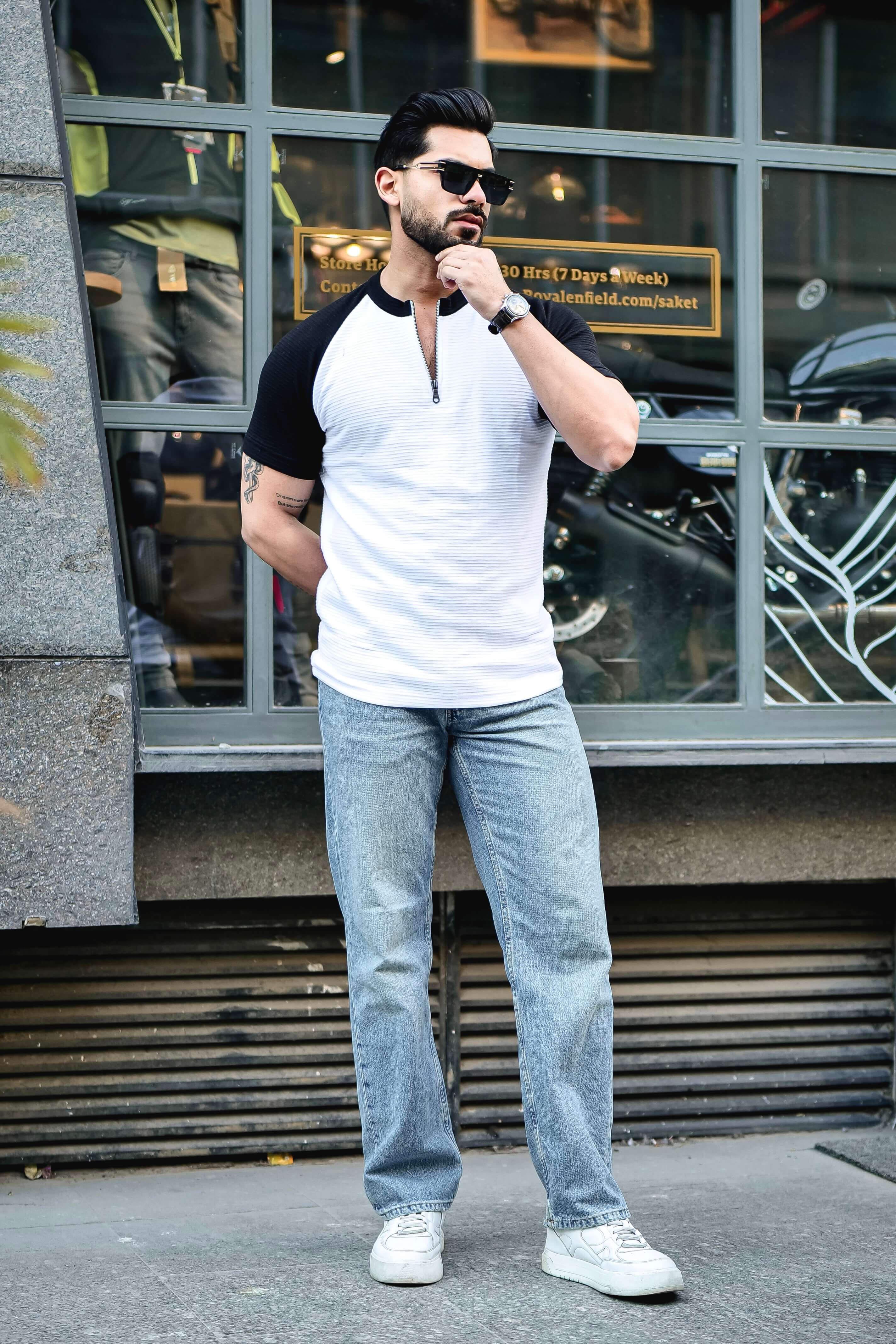 White Ottoman Color Block Zipper T-Shirt