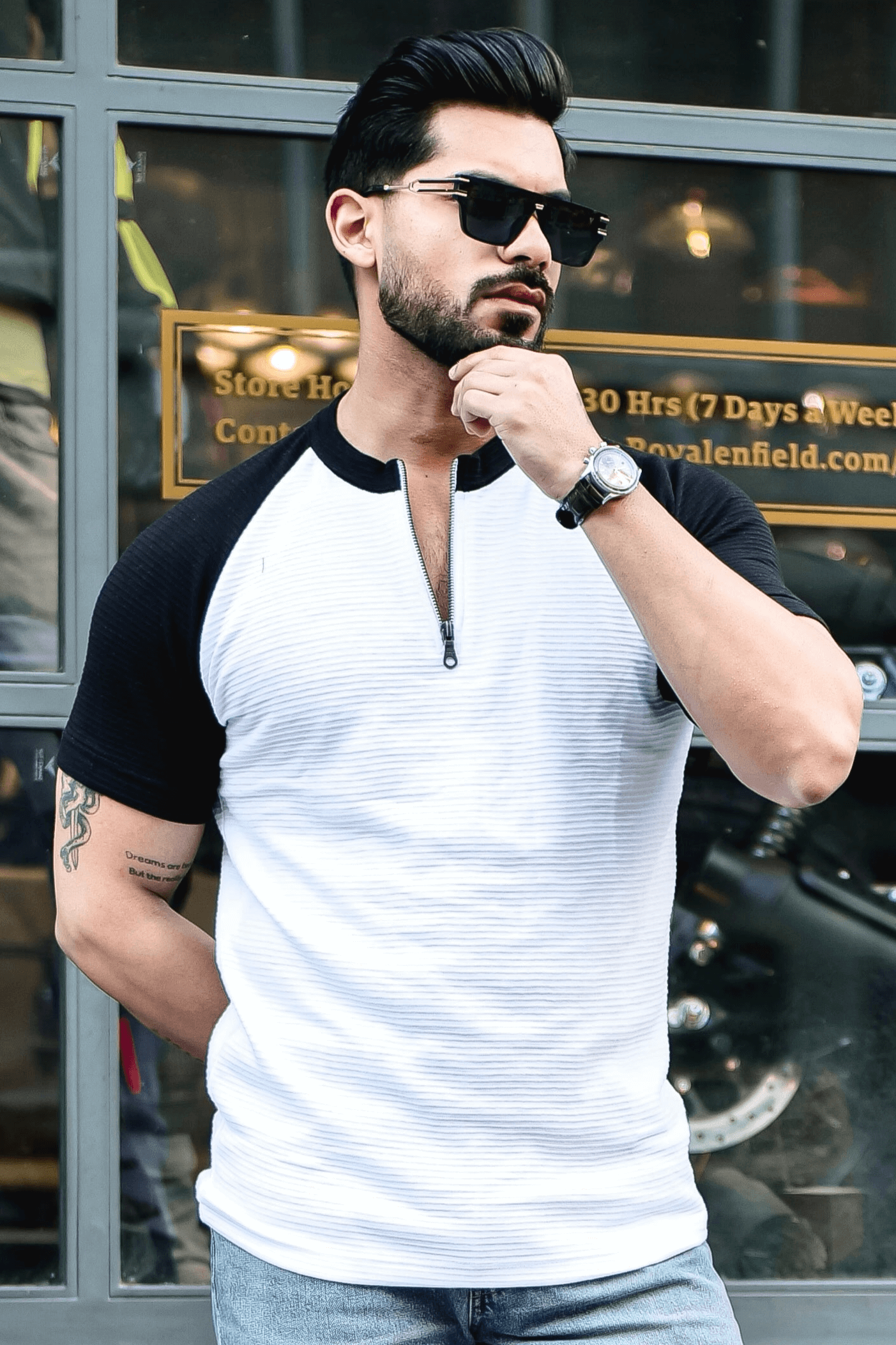 White Ottoman Color Block Zipper T-Shirt