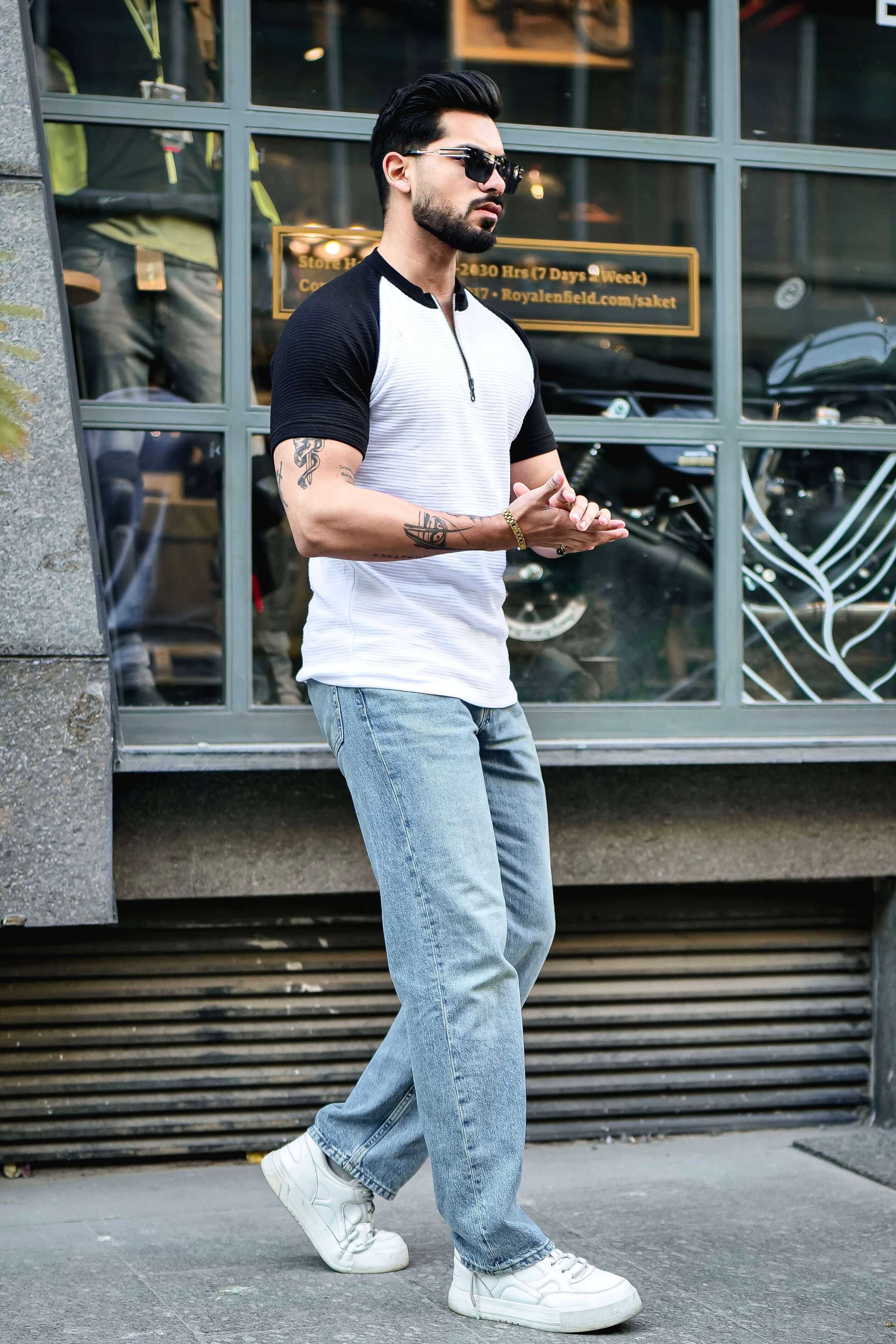 White Ottoman Color Block Zipper T-Shirt