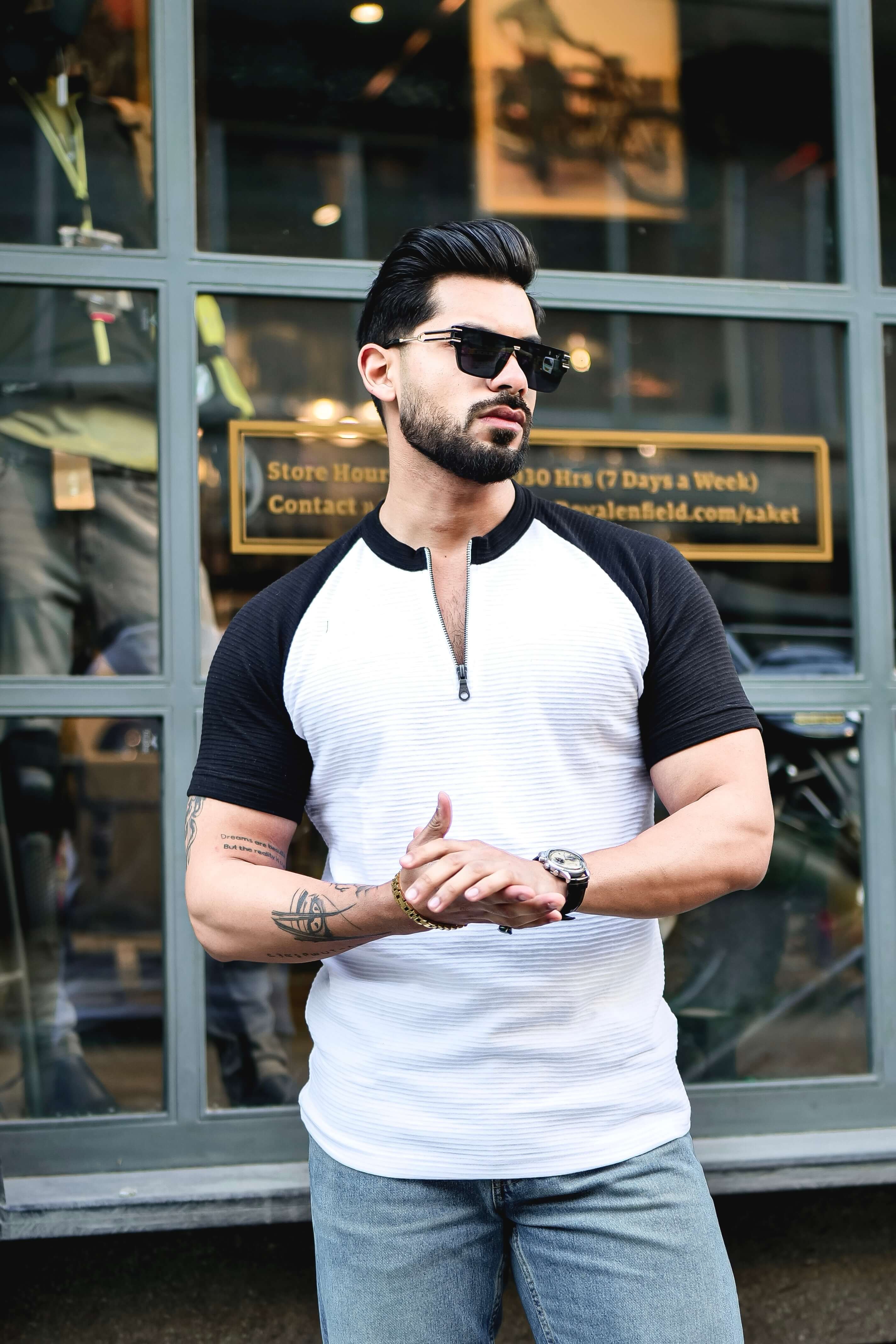 White Ottoman Color Block Zipper T-Shirt