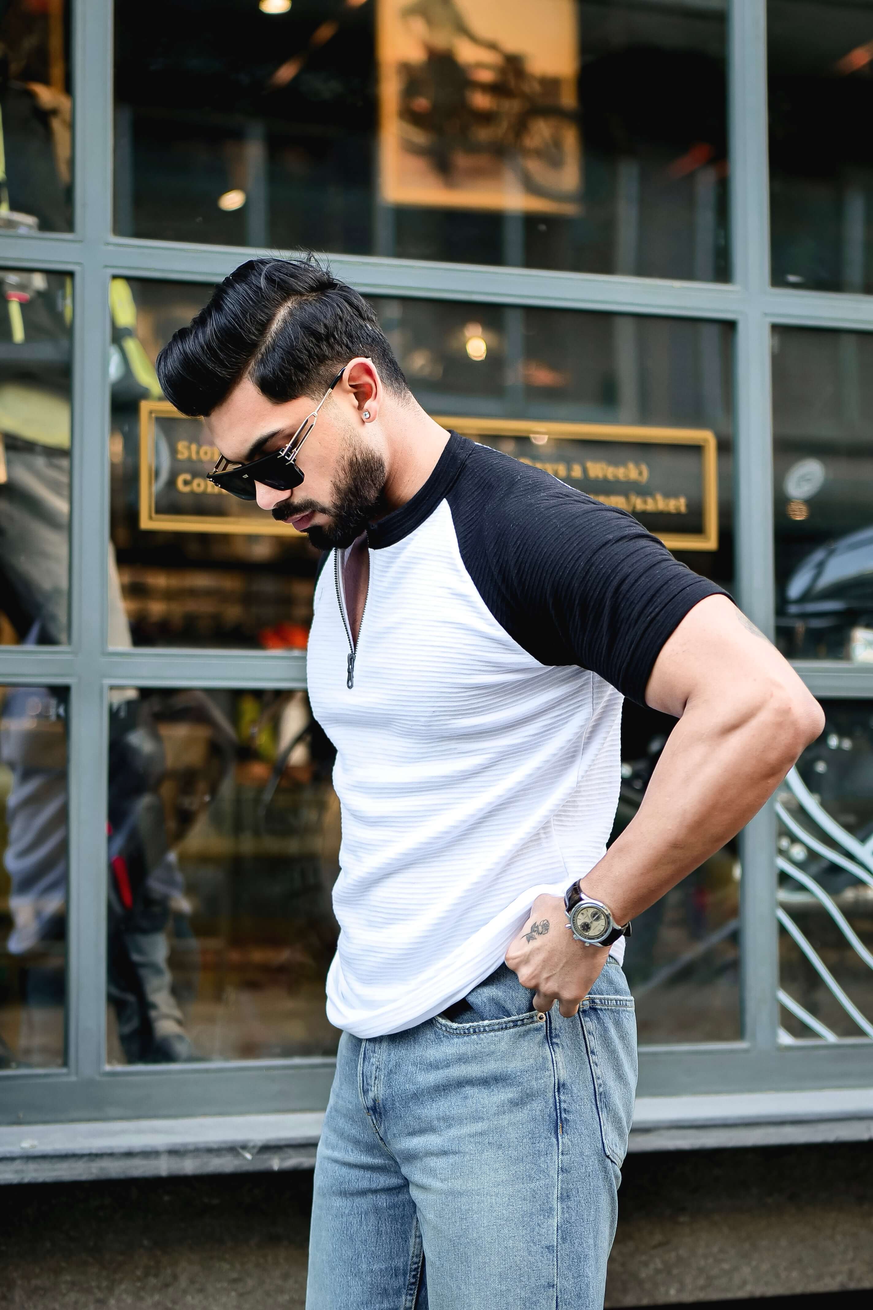 White Ottoman Color Block Zipper T-Shirt