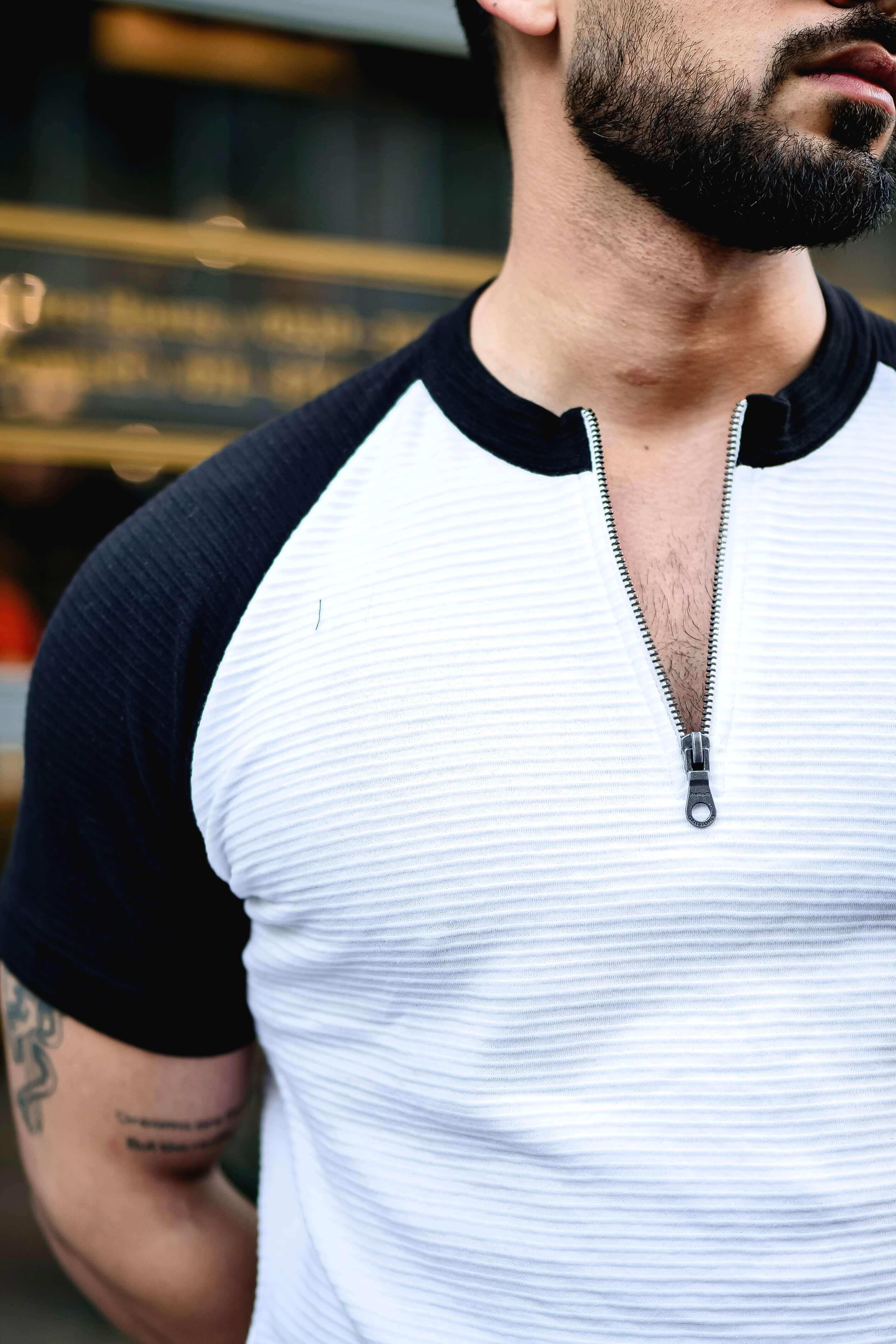 White Ottoman Color Block Zipper T-Shirt
