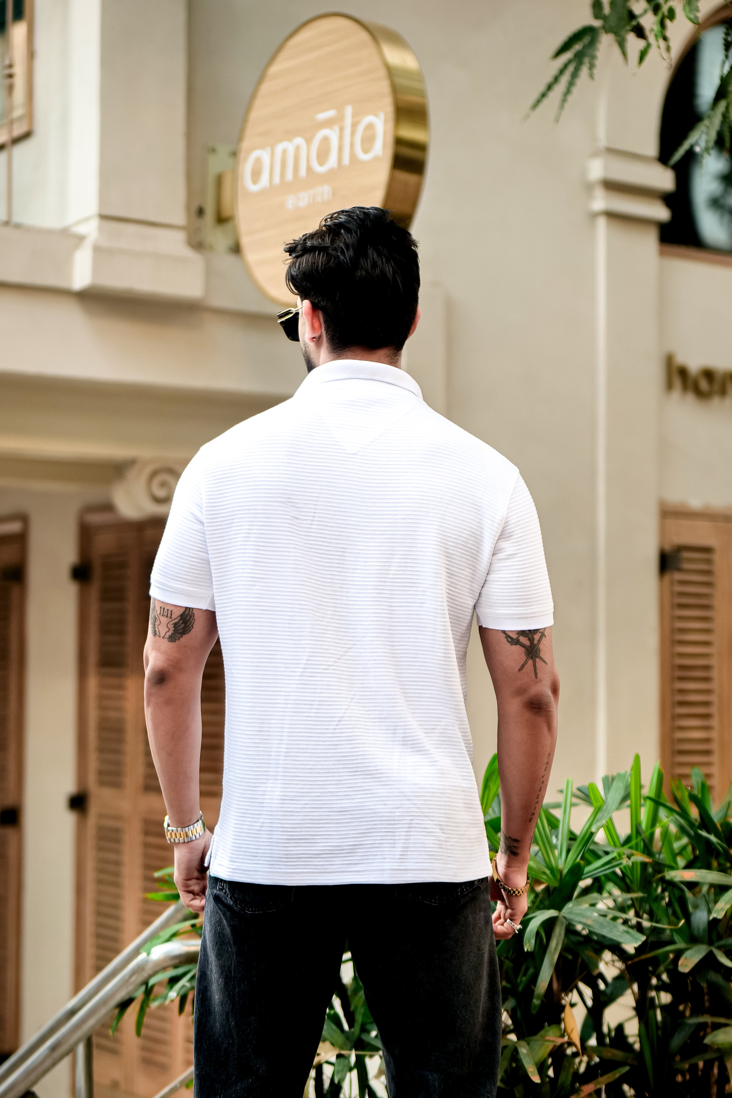White Self Design Zipper Polo Collar T-Shirt