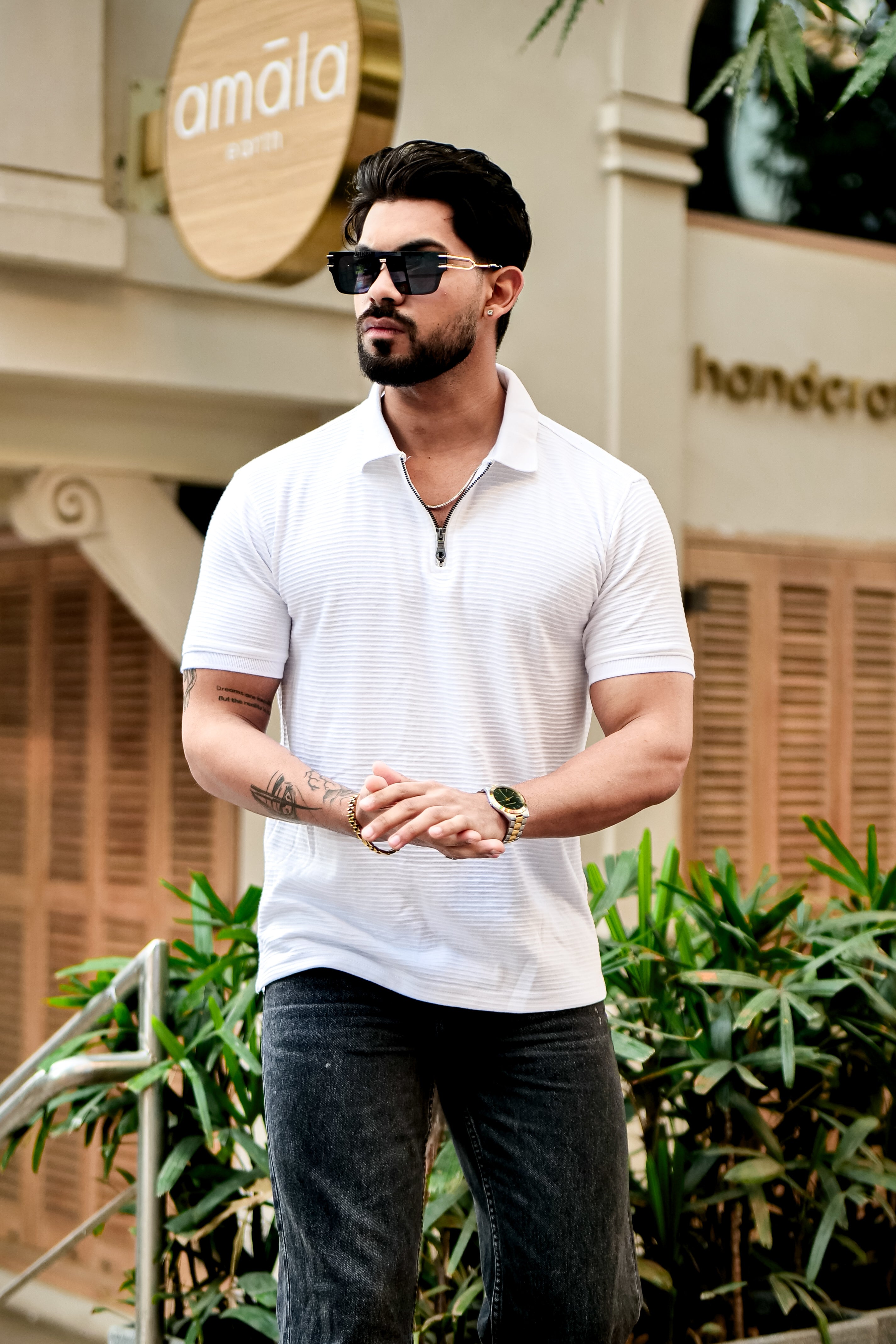 White Self Design Zipper Polo Collar T-Shirt