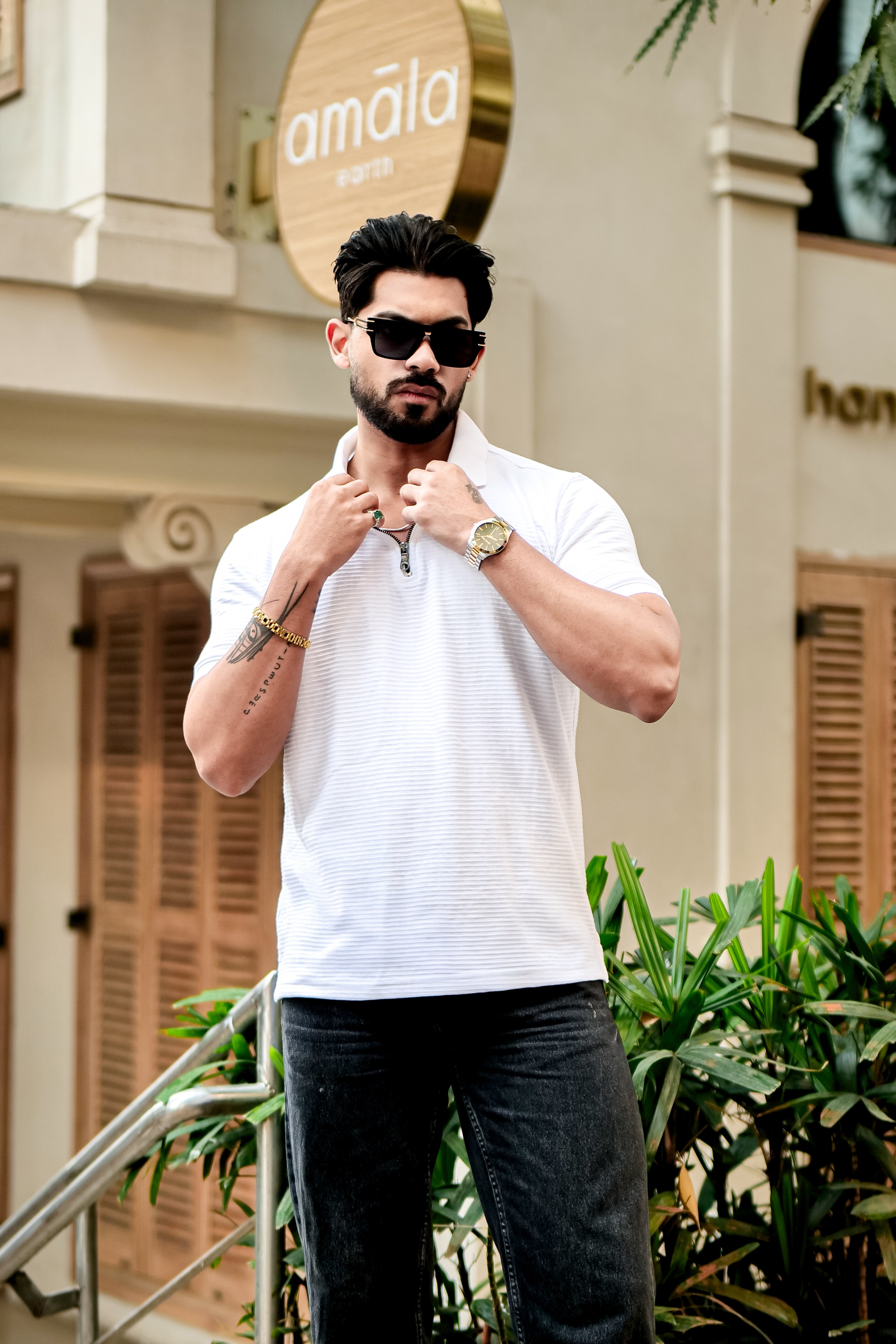 White Self Design Zipper Polo Collar T-Shirt
