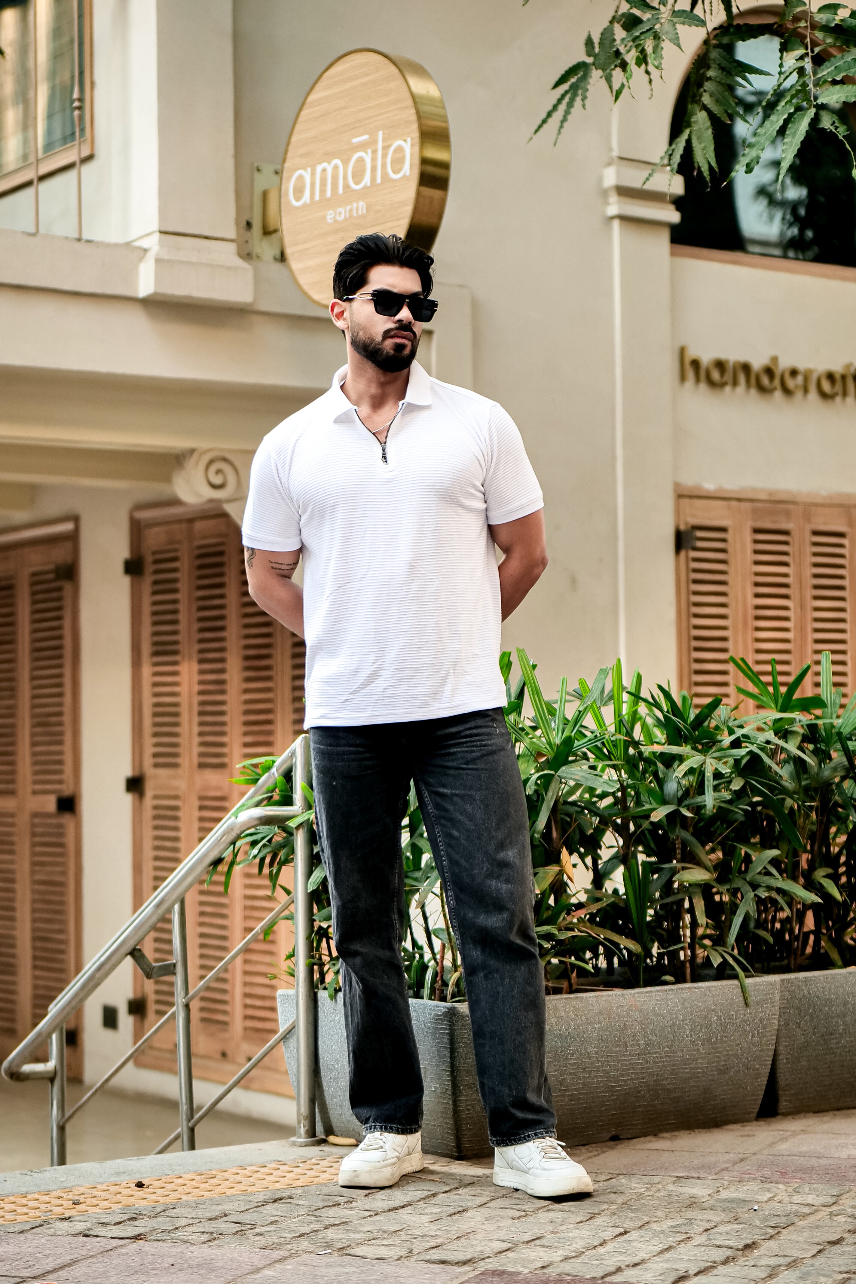 White Self Design Zipper Polo Collar T-Shirt