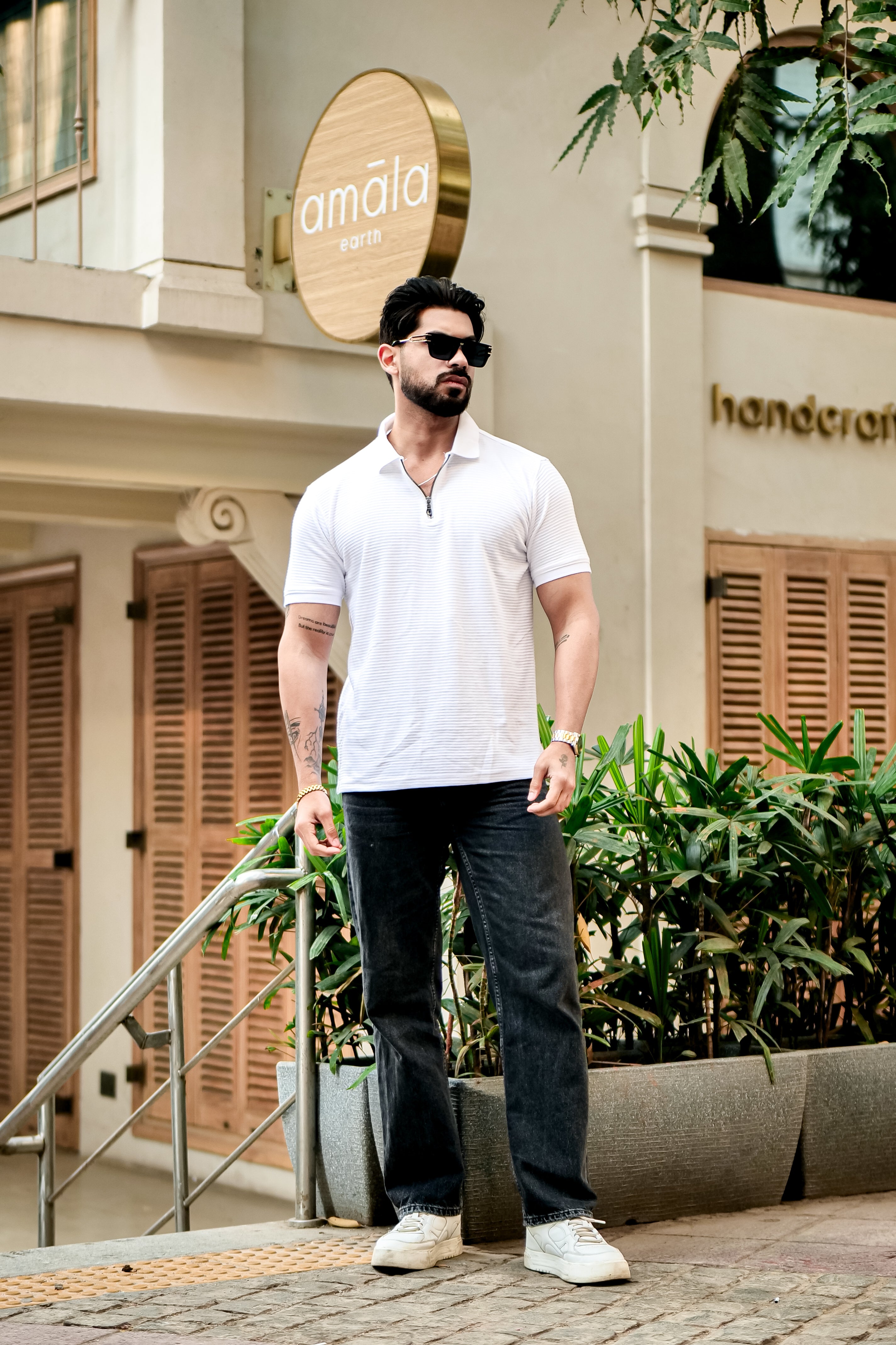 White Self Design Zipper Polo Collar T-Shirt