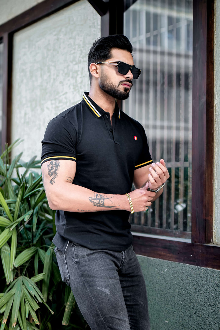 Black Yellow Ribbed collar logo embroidered Polo T-Shirt