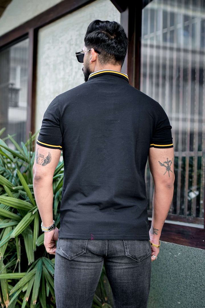 Black Yellow Ribbed collar logo embroidered Polo T-Shirt