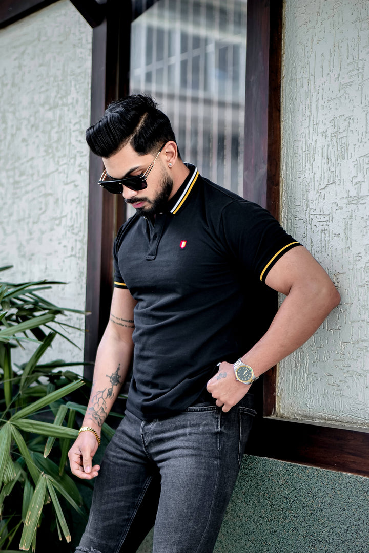 Black Yellow Ribbed collar logo embroidered Polo T-Shirt